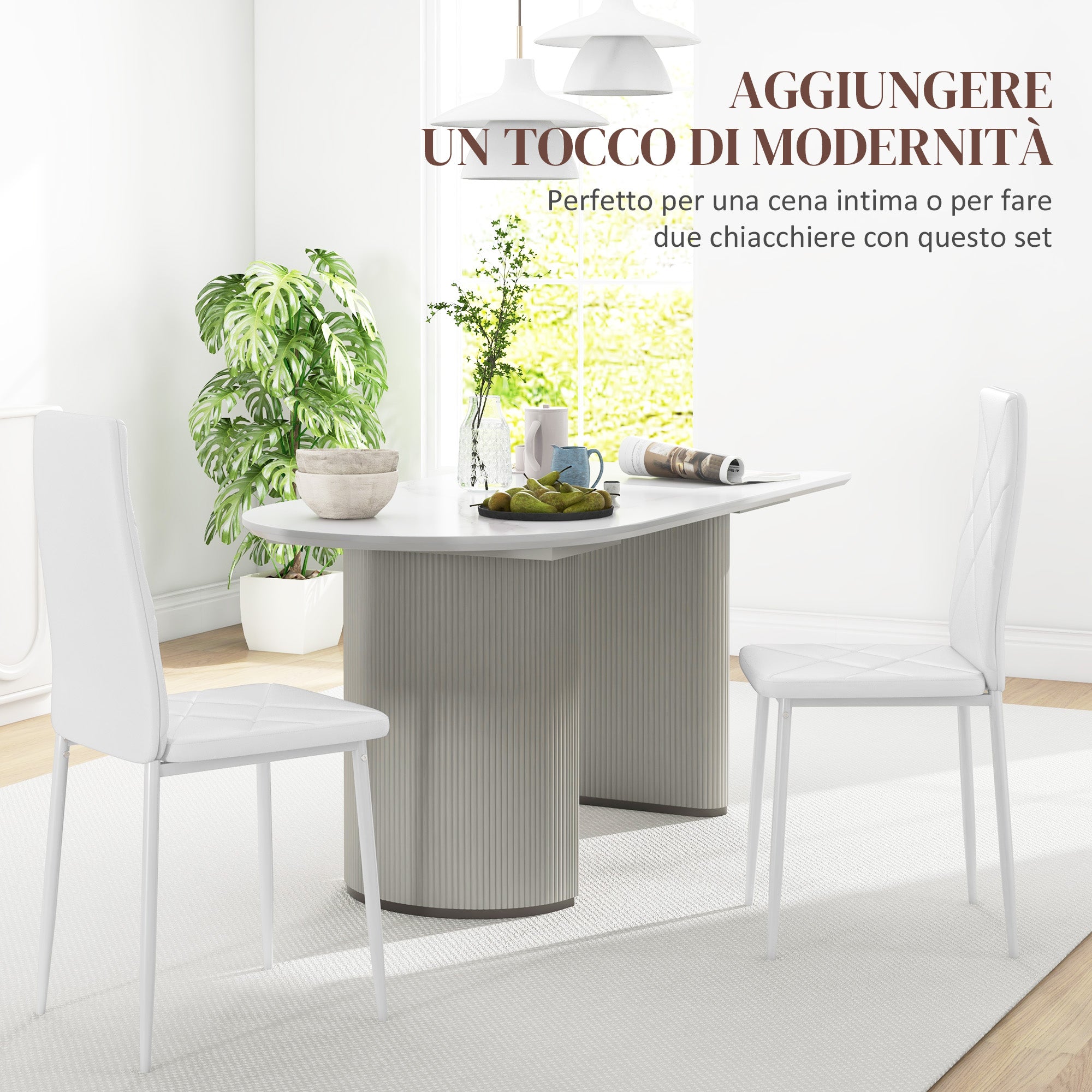 Set of 2 Upholstered High-Back Dining Room Chairs, Kitchen Chairs in Faux Leather with Diamond Stitching, Non-Slip Feet and Steel Legs for Living Room, 41x50x97 cm, White