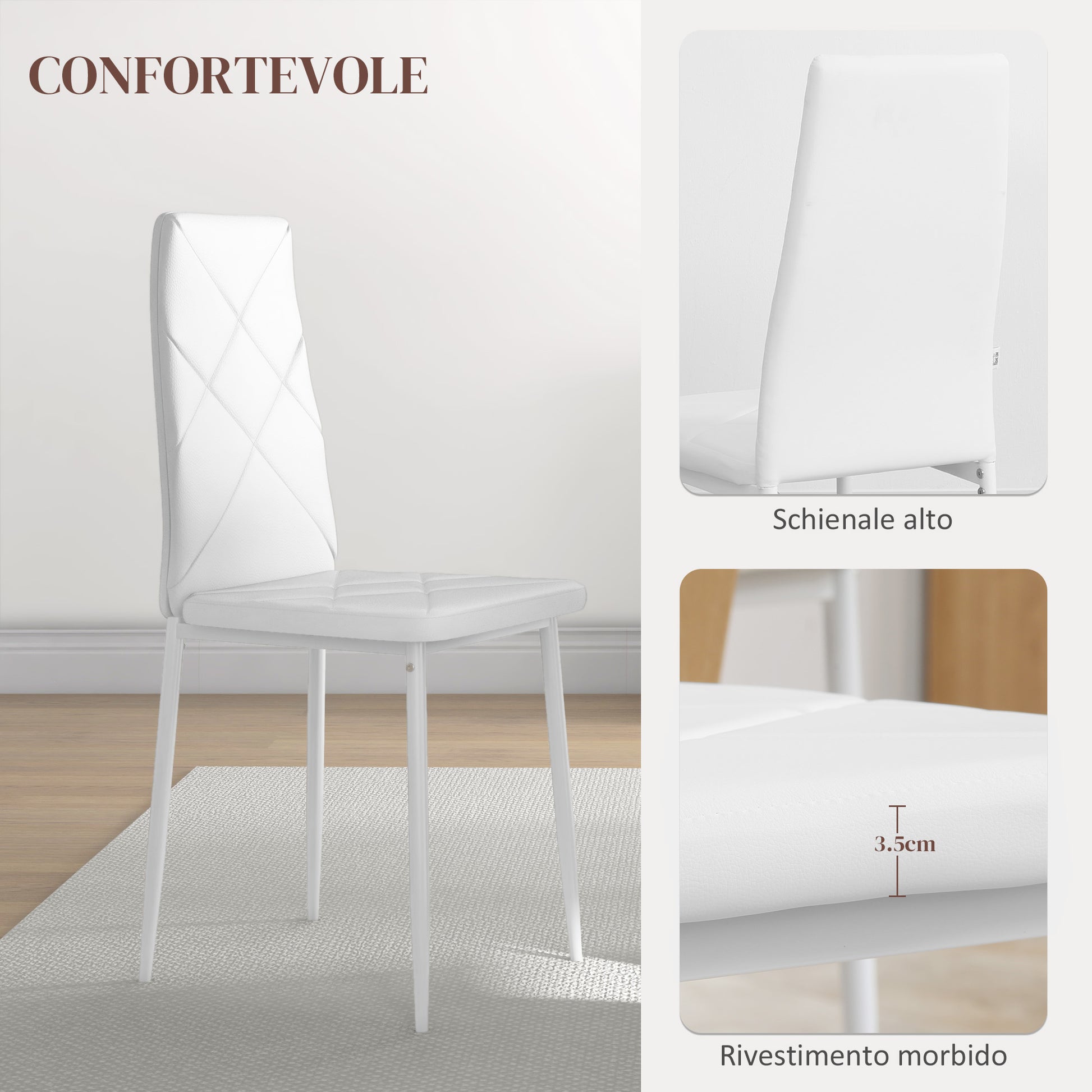 Set of 2 Upholstered High-Back Dining Room Chairs, Kitchen Chairs in Faux Leather with Diamond Stitching, Non-Slip Feet and Steel Legs for Living Room, 41x50x97 cm, White