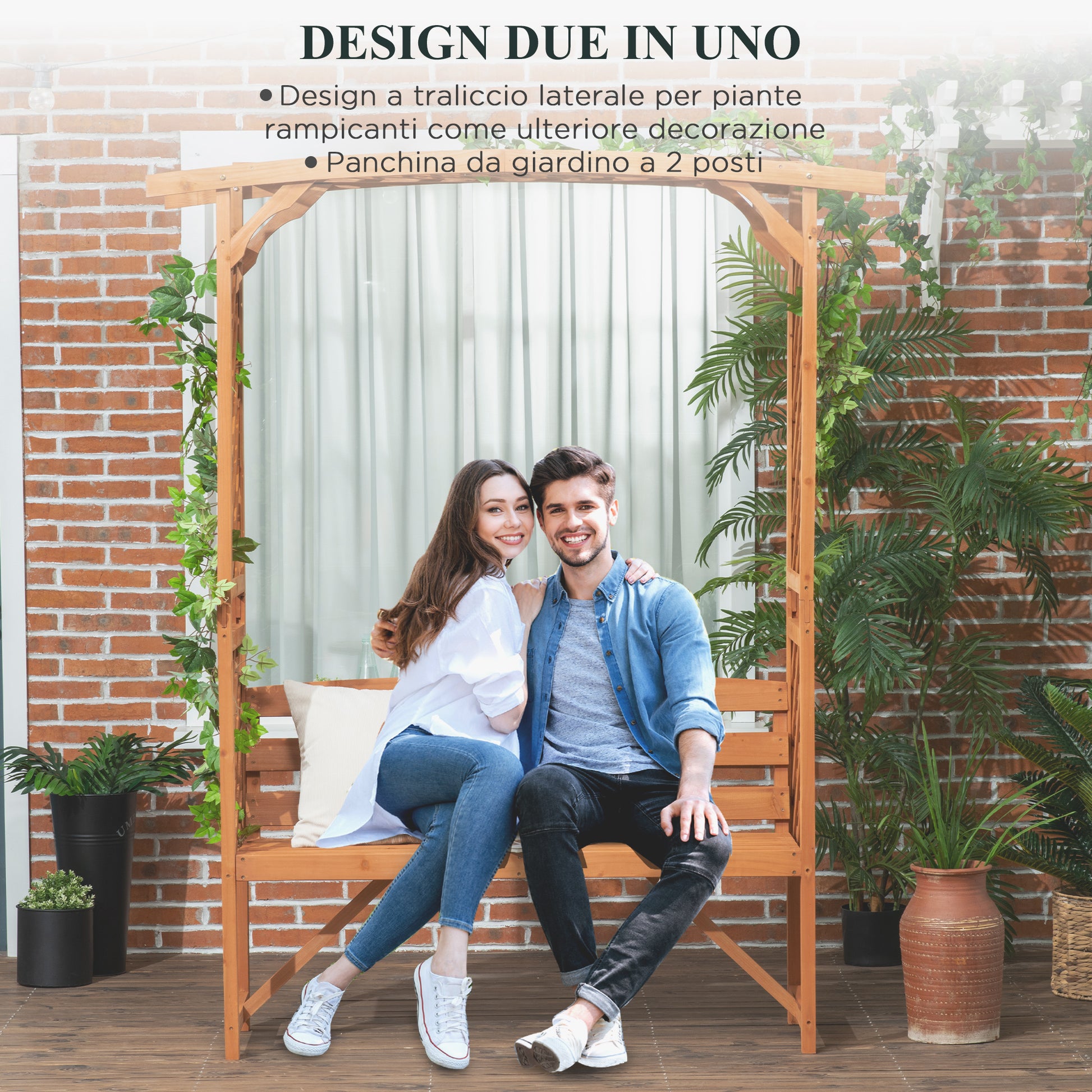 Garden Bench in Fir Wood with Decorative Arch for Plants and Pots, 160x50x198 cm, Brown