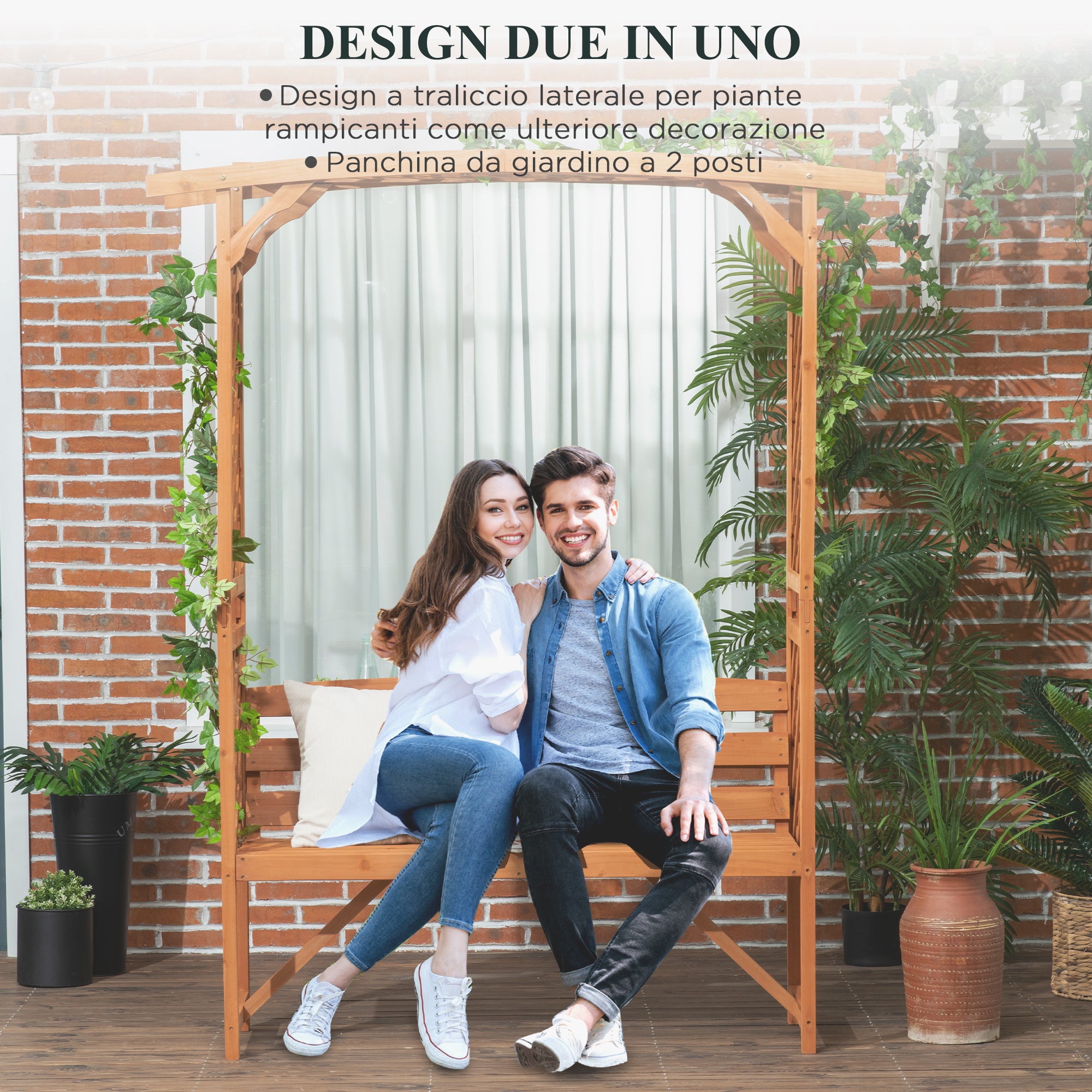 Garden Bench in Fir Wood with Decorative Arch for Plants and Pots, 160x50x198 cm, Brown