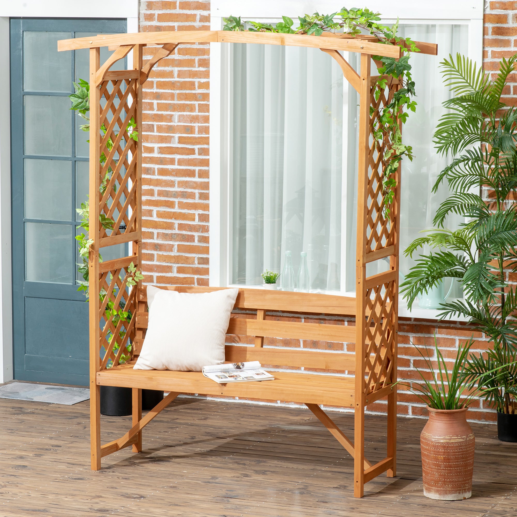 Garden Bench in Fir Wood with Decorative Arch for Plants and Pots, 160x50x198 cm, Brown