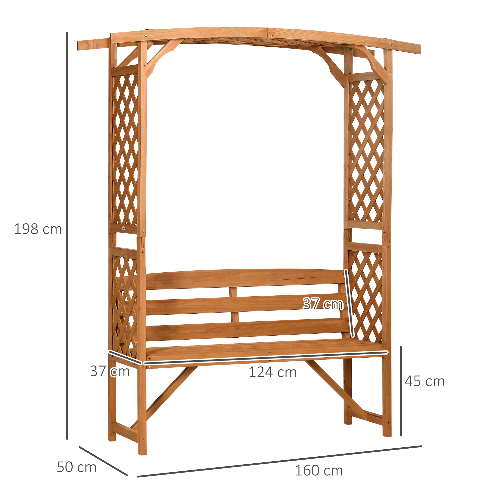 Garden Bench in Fir Wood with Decorative Arch for Plants and Pots, 160x50x198 cm, Brown