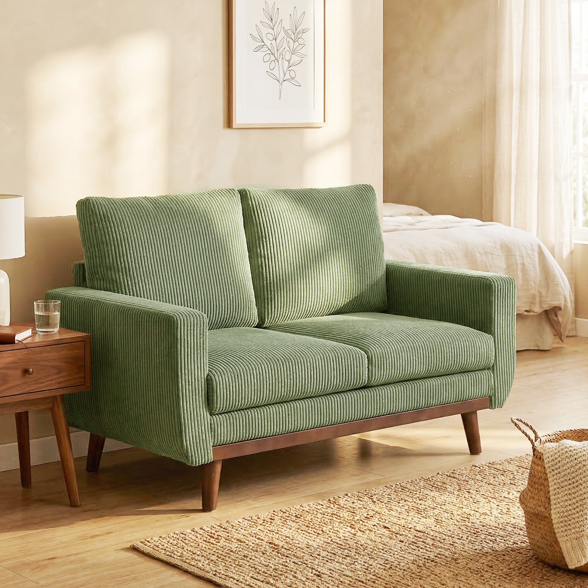 2-Seater Cord Sofa 134 cm (53") – Plush Backrest, Wood-Slat Accent, Comfortable Modern Upholstered Couch for Small Spaces, Living Room, Bedroom, Easy Assembly, Green
