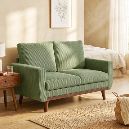 2-Seater Cord Sofa 134 cm (53") – Plush Backrest, Wood-Slat Accent, Comfortable Modern Upholstered Couch for Small Spaces, Living Room, Bedroom, Easy Assembly, Green