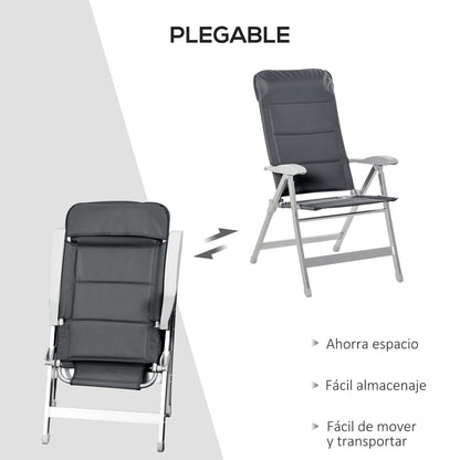 Portable Folding Garden Chair with High Adjustable Backrest in 7 Positions and Padded Headrest for Outdoor Terrace Camping 75x61.5x114.5 cm Gray