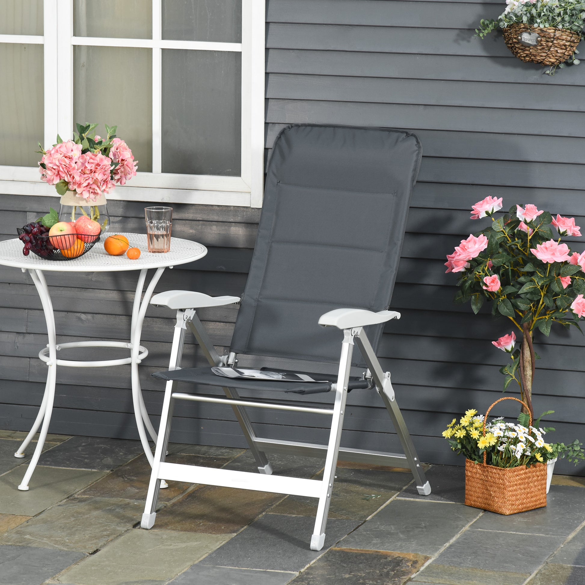 Portable Folding Garden Chair with High Adjustable Backrest in 7 Positions and Padded Headrest for Outdoor Terrace Camping 75x61.5x114.5 cm Gray