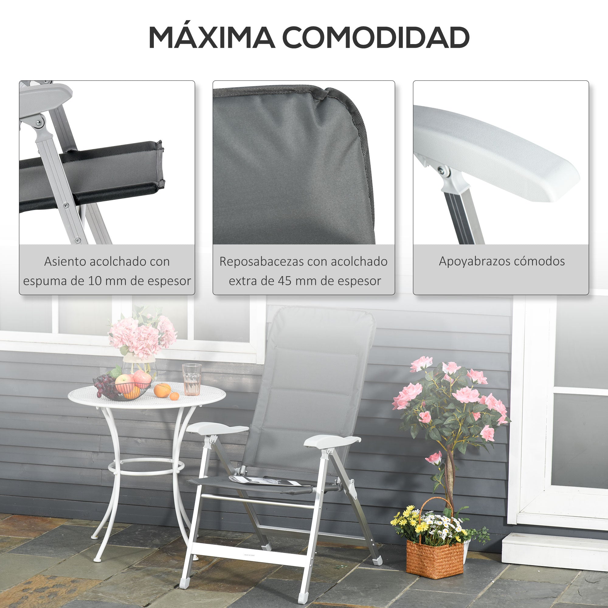 Portable Folding Garden Chair with High Adjustable Backrest in 7 Positions and Padded Headrest for Outdoor Terrace Camping 75x61.5x114.5 cm Gray