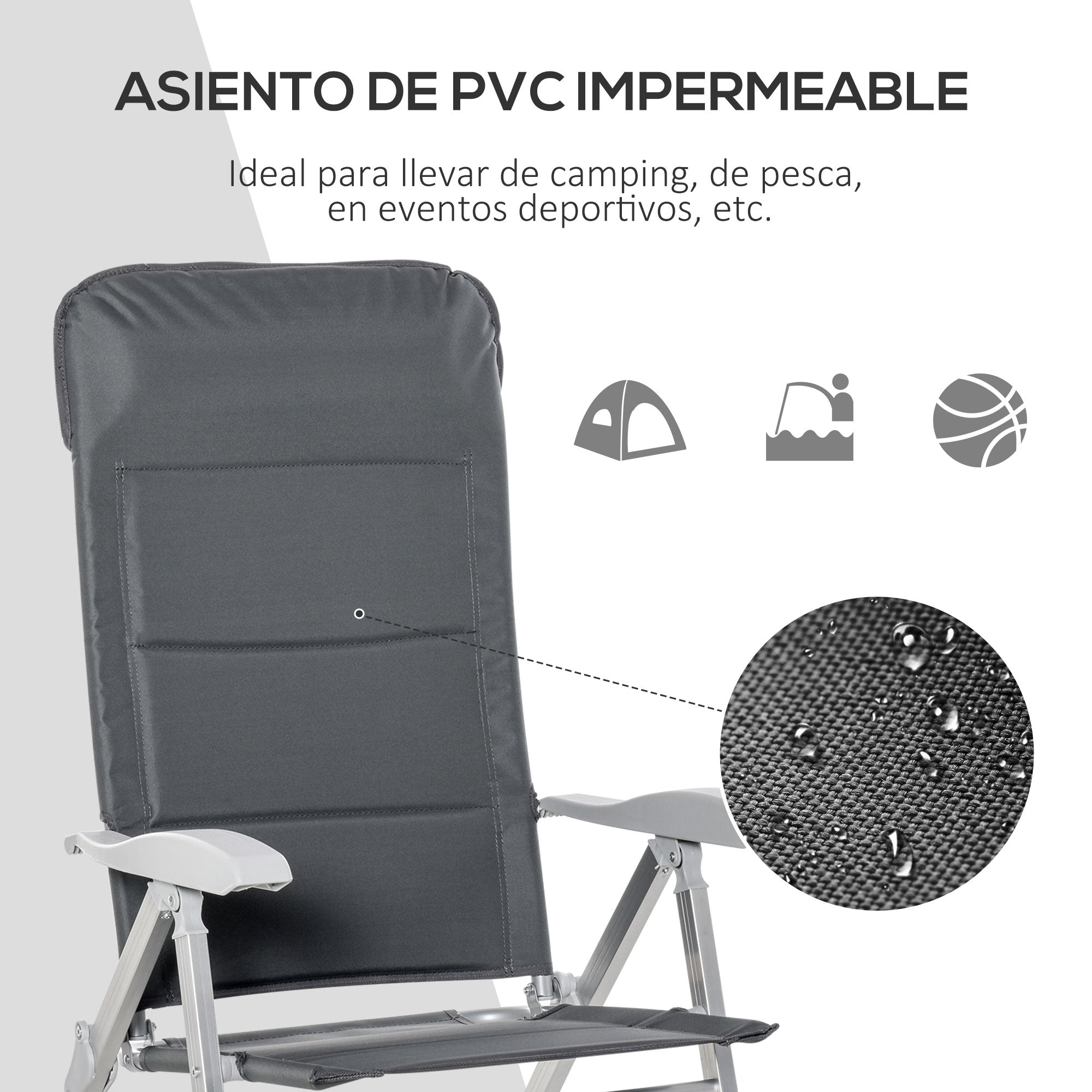 Portable Folding Garden Chair with High Adjustable Backrest in 7 Positions and Padded Headrest for Outdoor Terrace Camping 75x61.5x114.5 cm Gray
