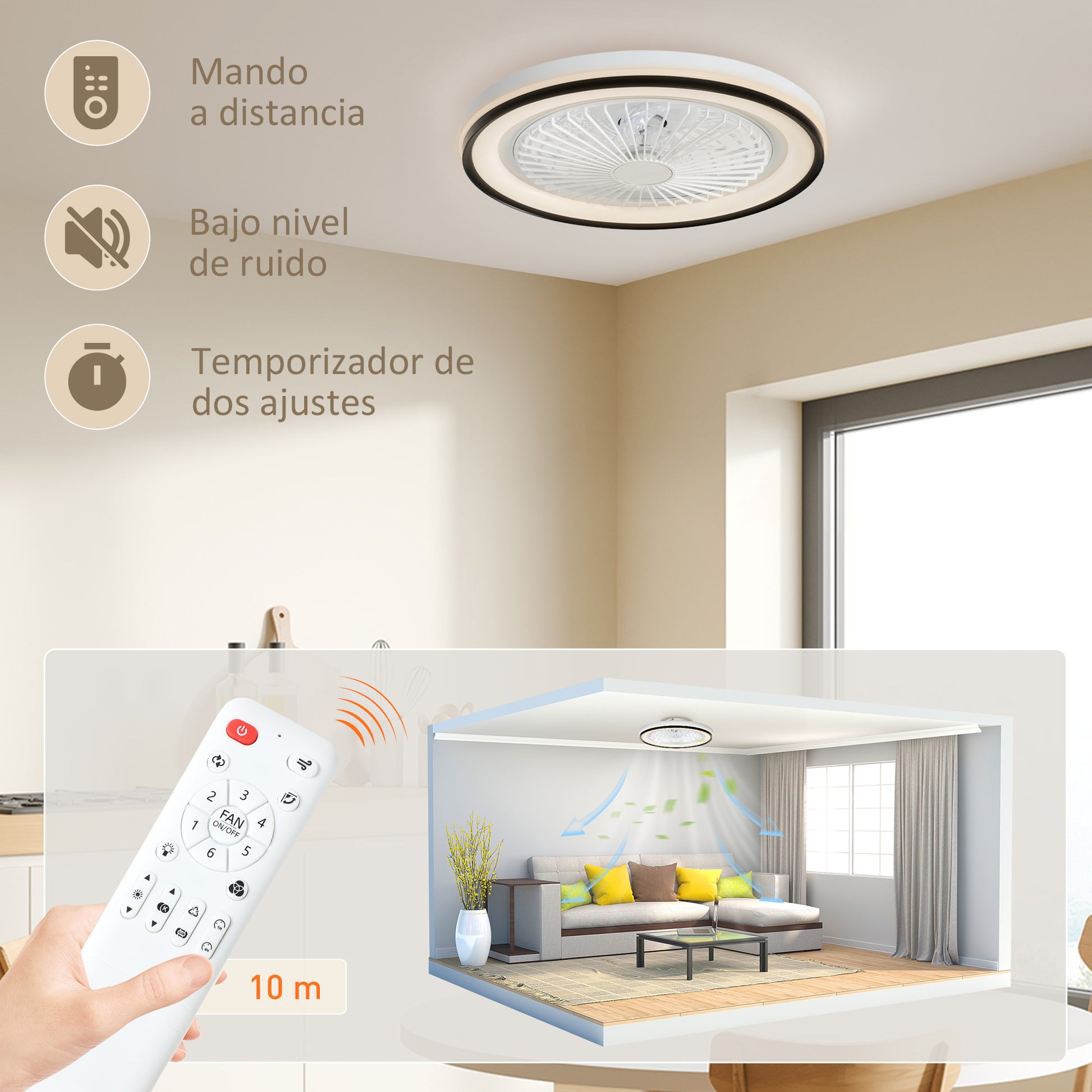 Ceiling Fan with LED Light 48.5 W Reversible DC Motor Silent Ceiling Fan with Remote Control 6 Speeds Timer for Living Room Bedroom Ø48 cm White