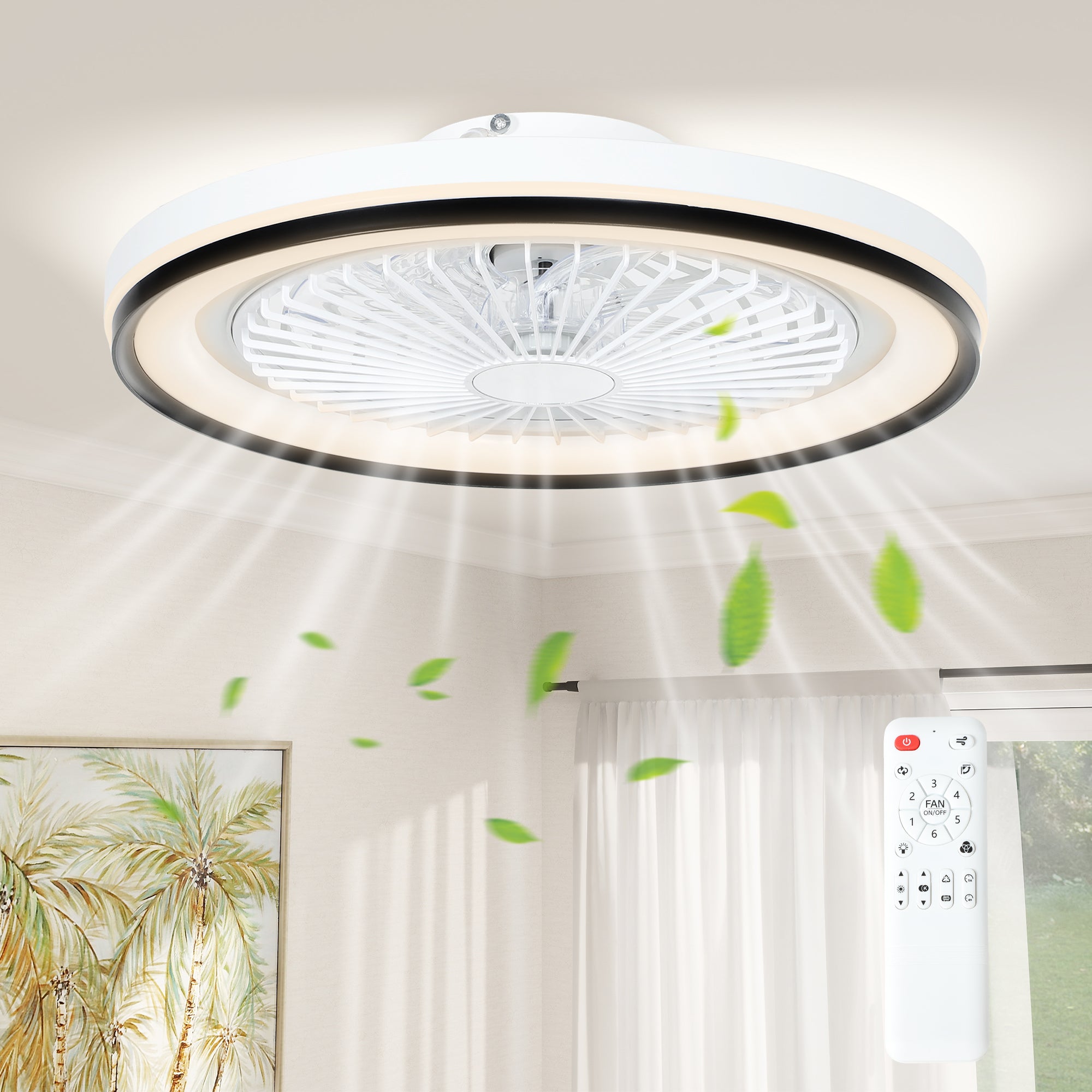Ceiling Fan with LED Light 48.5 W Reversible DC Motor Silent Ceiling Fan with Remote Control 6 Speeds Timer for Living Room Bedroom Ø48 cm White