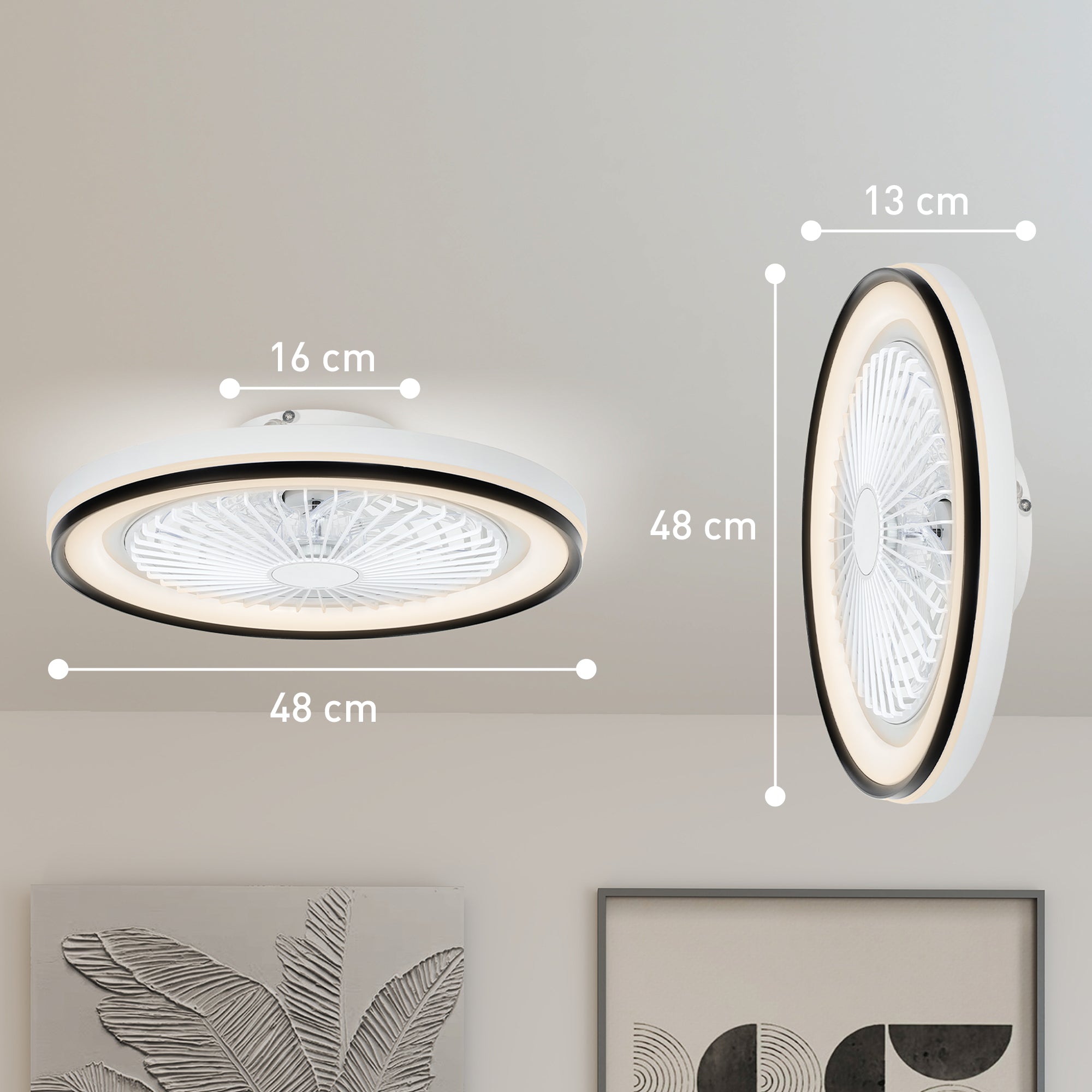 Ceiling Fan with LED Light 48.5 W Reversible DC Motor Silent Ceiling Fan with Remote Control 6 Speeds Timer for Living Room Bedroom Ø48 cm White
