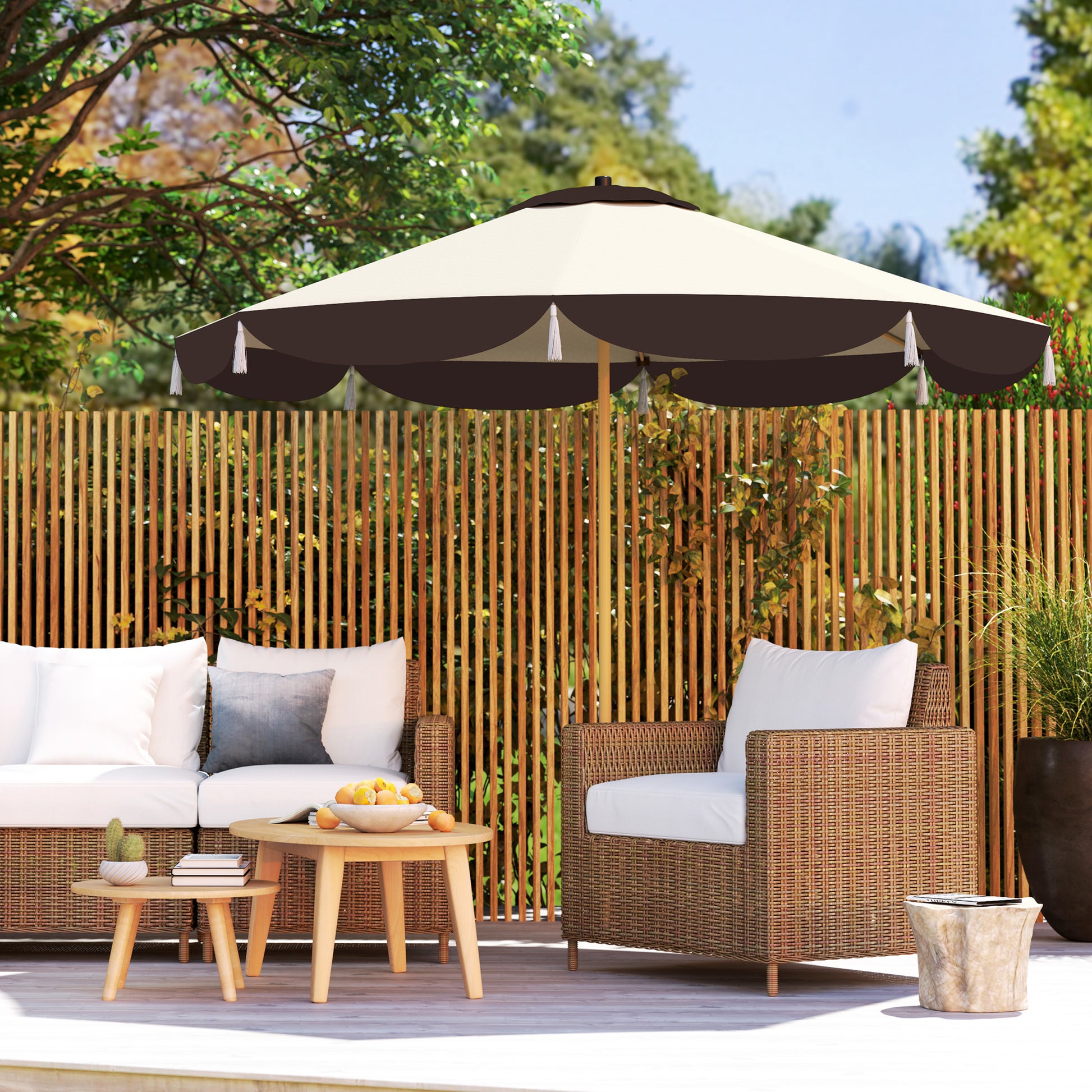 2.6m Garden Umbrella with Air Vent and Fringes, Outdoor Umbrella with 8 Metal Ribs and 180g/㎡ Polyester, for Yard, Patio, and Balcony, UV50+, Beige