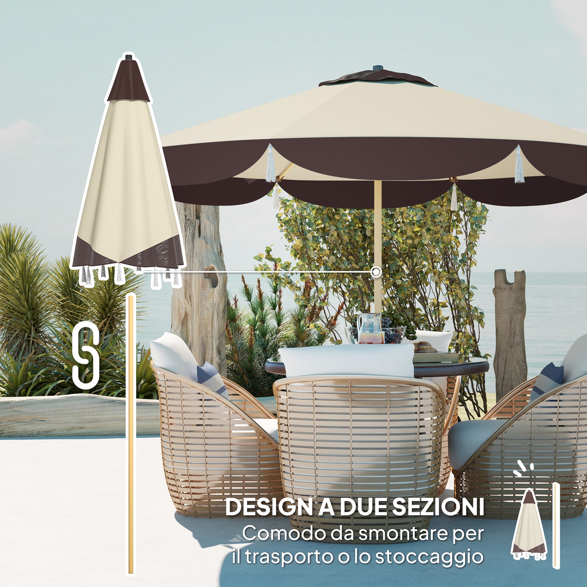 2.6m Garden Umbrella with Air Vent and Fringes, Outdoor Umbrella with 8 Metal Ribs and 180g/㎡ Polyester, for Yard, Patio, and Balcony, UV50+, Beige