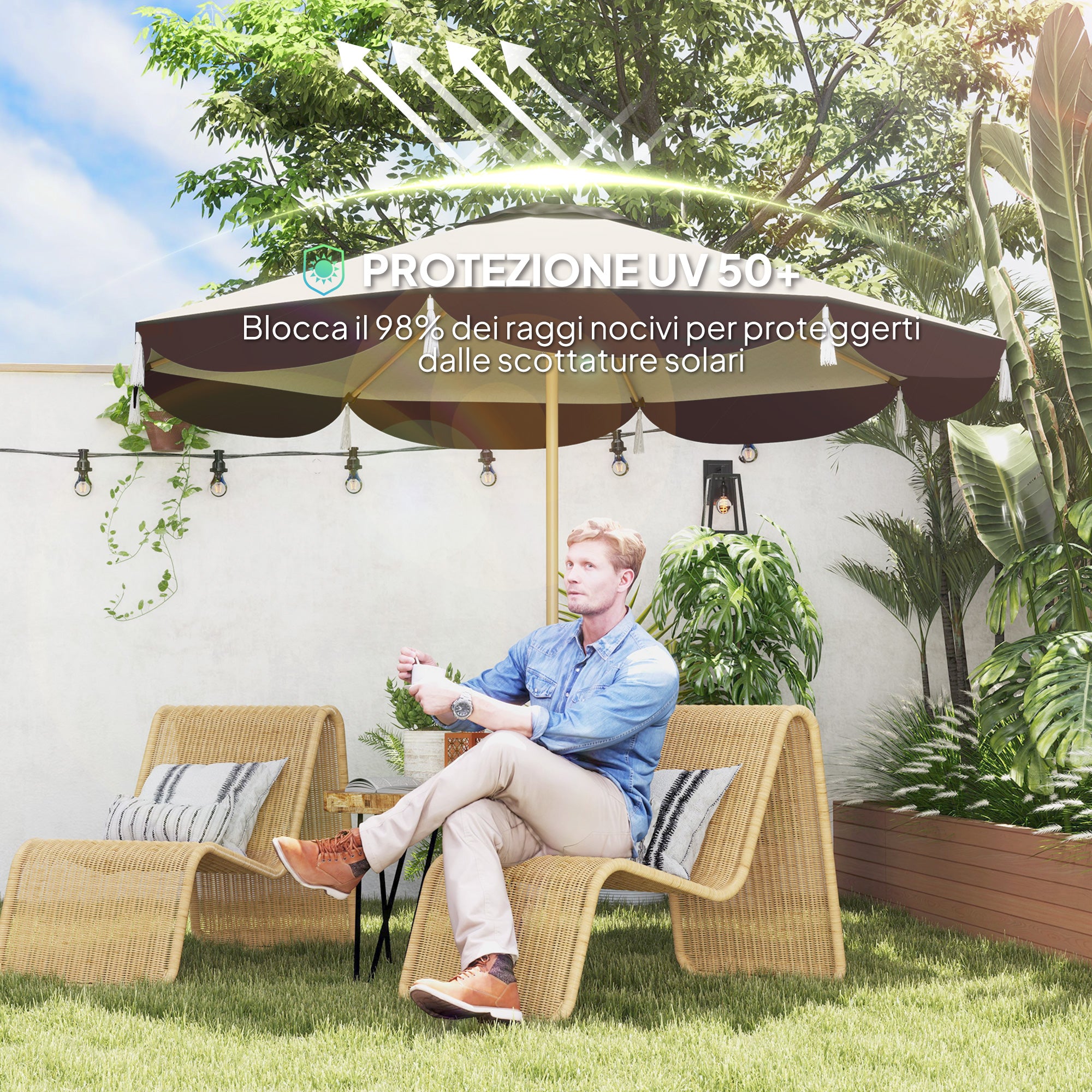2.6m Garden Umbrella with Air Vent and Fringes, Outdoor Umbrella with 8 Metal Ribs and 180g/㎡ Polyester, for Yard, Patio, and Balcony, UV50+, Beige