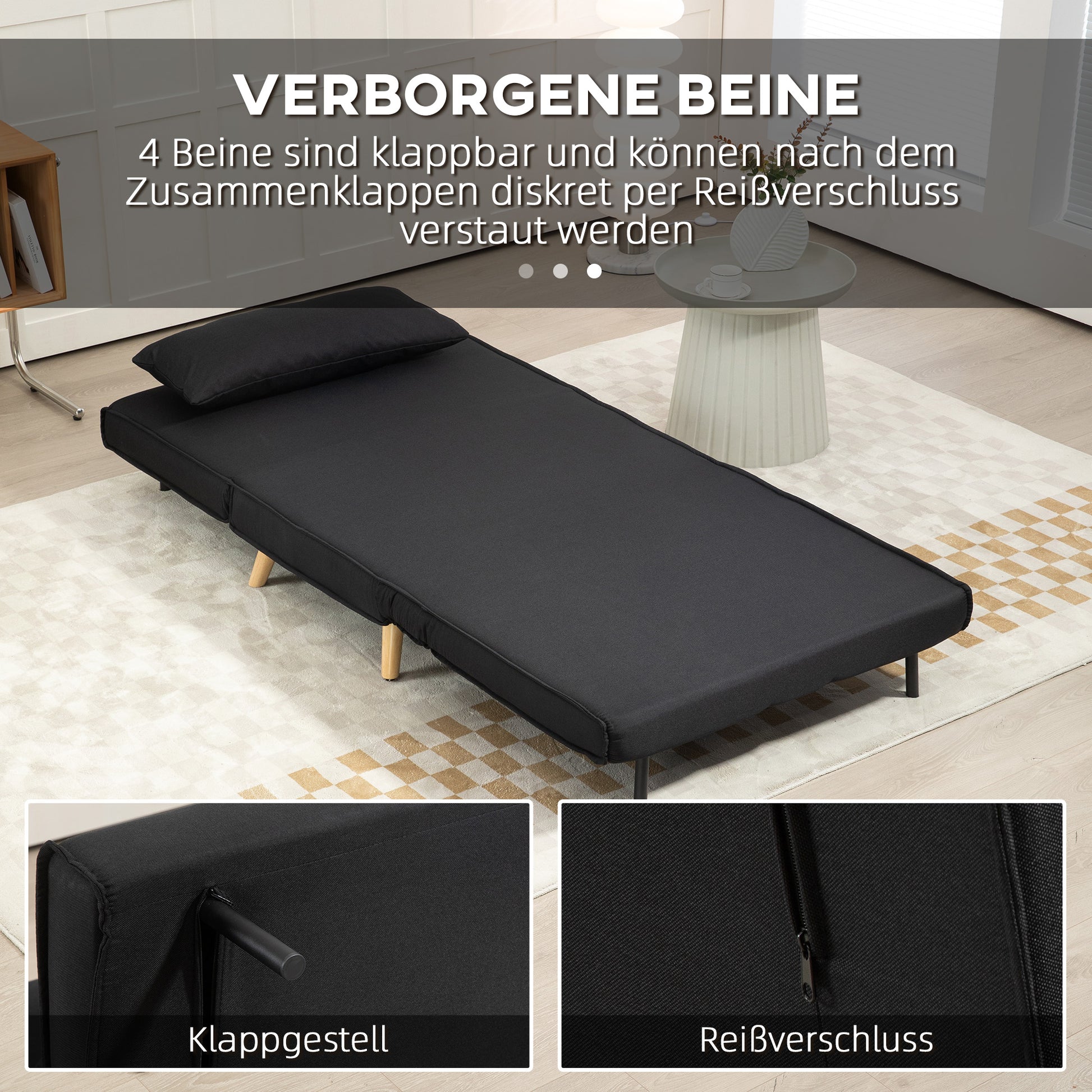 Single Sofa Bed Convertible Foldable Adjustable Backrest Couch Scandinavian Nordic 25D Foam Linen-look Fabric Pine Wood Black 94 x 78 x 80 cm