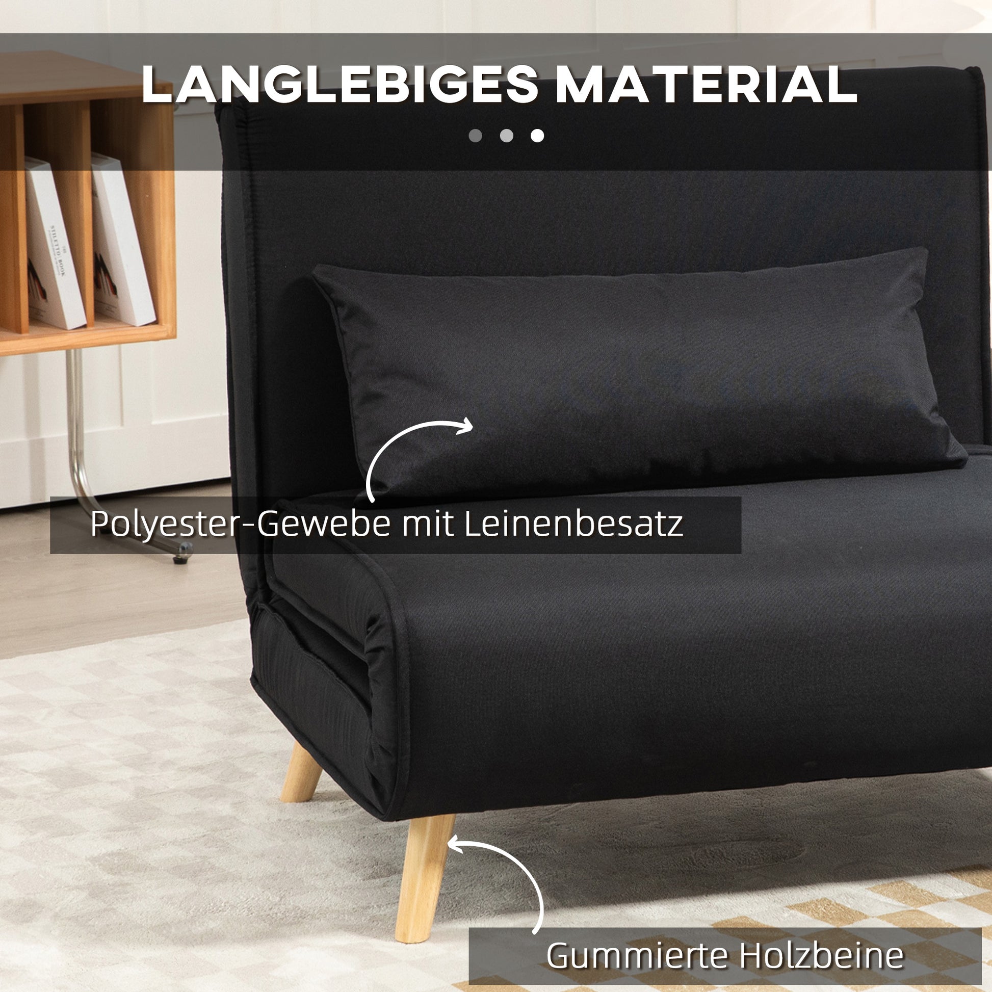 Single Sofa Bed Convertible Foldable Adjustable Backrest Couch Scandinavian Nordic 25D Foam Linen-look Fabric Pine Wood Black 94 x 78 x 80 cm