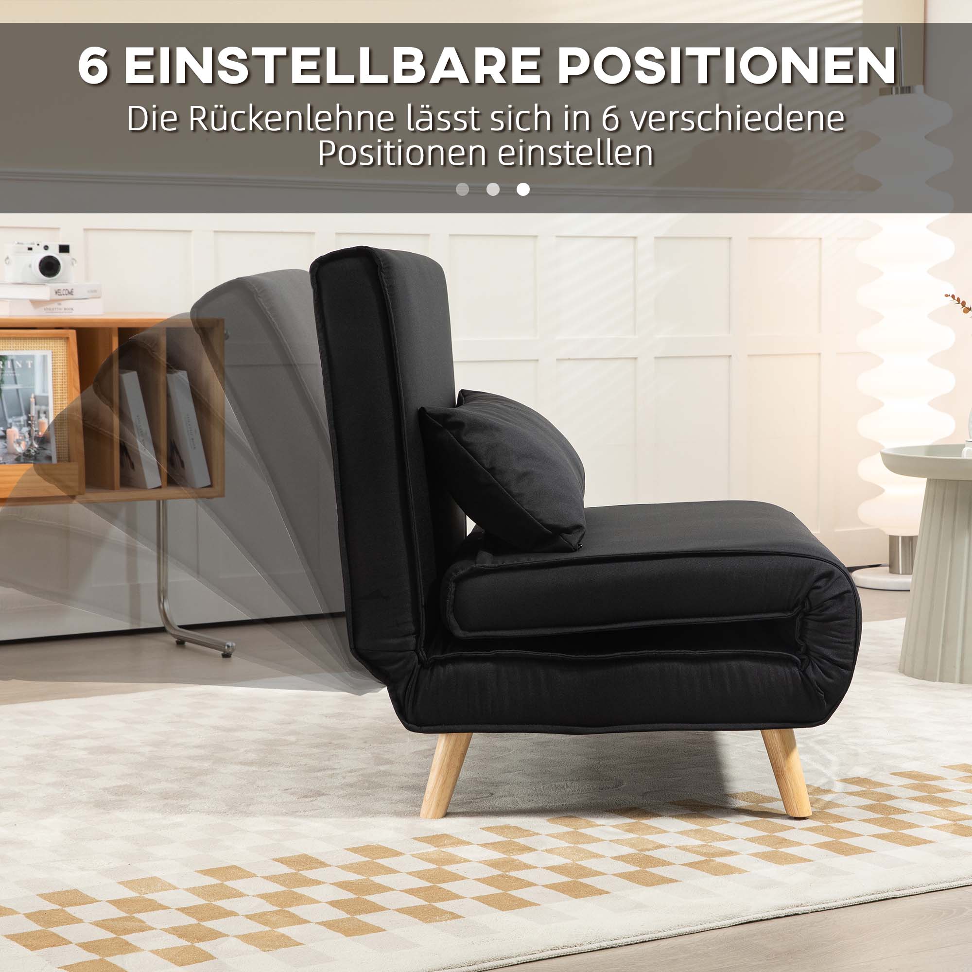 Single Sofa Bed Convertible Foldable Adjustable Backrest Couch Scandinavian Nordic 25D Foam Linen-look Fabric Pine Wood Black 94 x 78 x 80 cm
