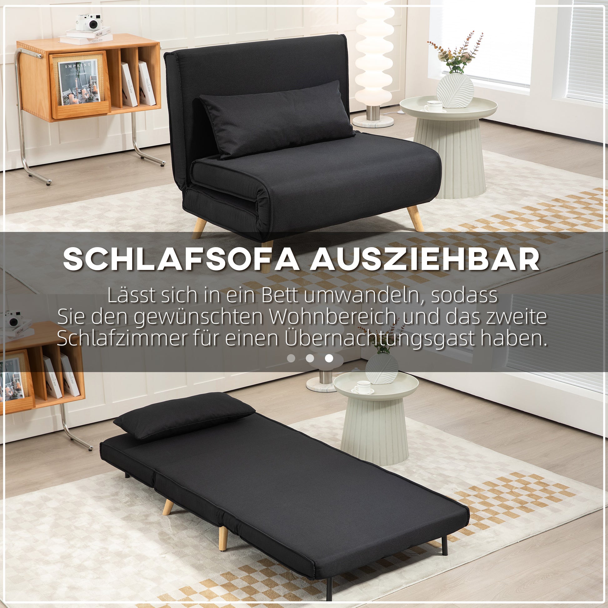 Single Sofa Bed Convertible Foldable Adjustable Backrest Couch Scandinavian Nordic 25D Foam Linen-look Fabric Pine Wood Black 94 x 78 x 80 cm