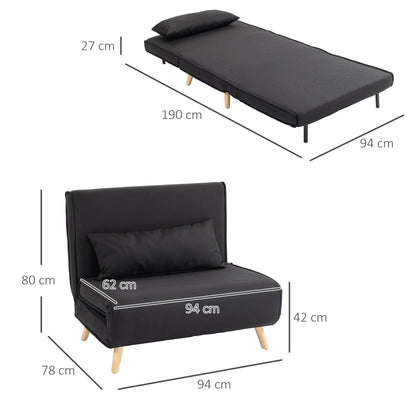 Single Sofa Bed Convertible Foldable Adjustable Backrest Couch Scandinavian Nordic 25D Foam Linen-look Fabric Pine Wood Black 94 x 78 x 80 cm