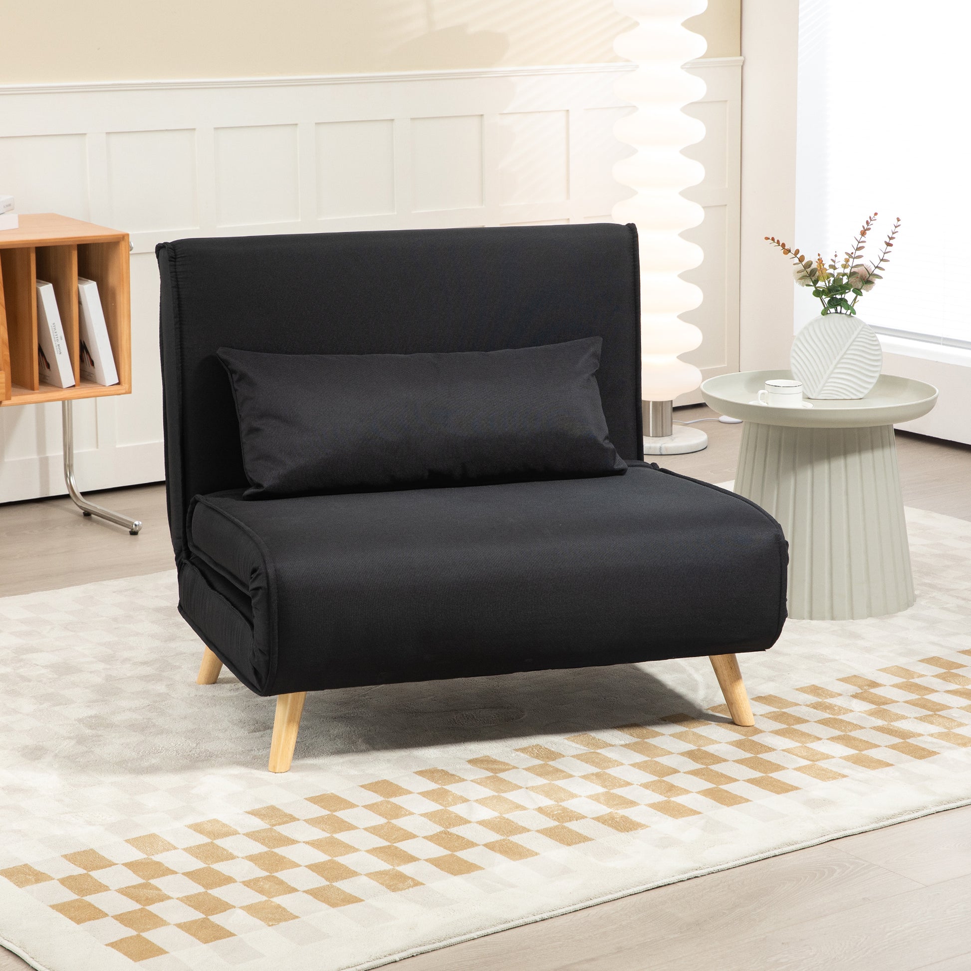 Single Sofa Bed Convertible Foldable Adjustable Backrest Couch Scandinavian Nordic 25D Foam Linen-look Fabric Pine Wood Black 94 x 78 x 80 cm