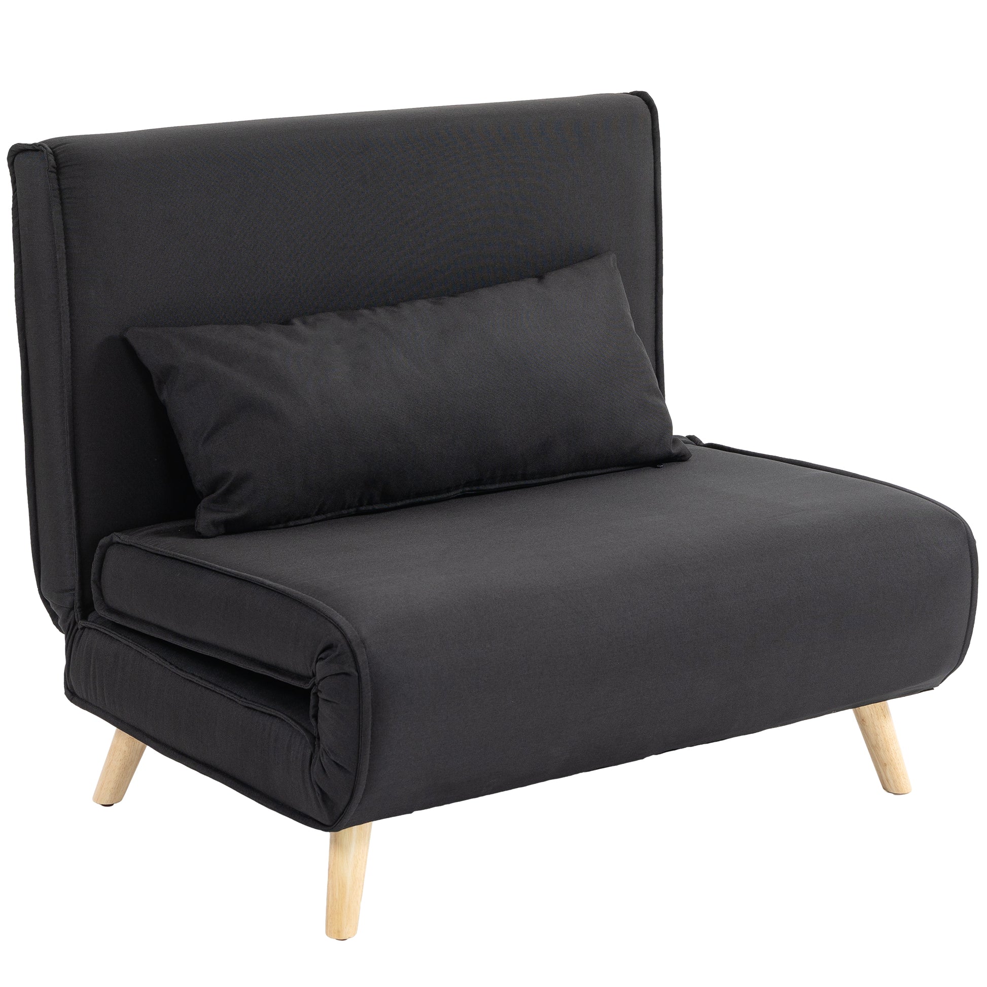 Single Sofa Bed Convertible Foldable Adjustable Backrest Couch Scandinavian Nordic 25D Foam Linen-look Fabric Pine Wood Black 94 x 78 x 80 cm