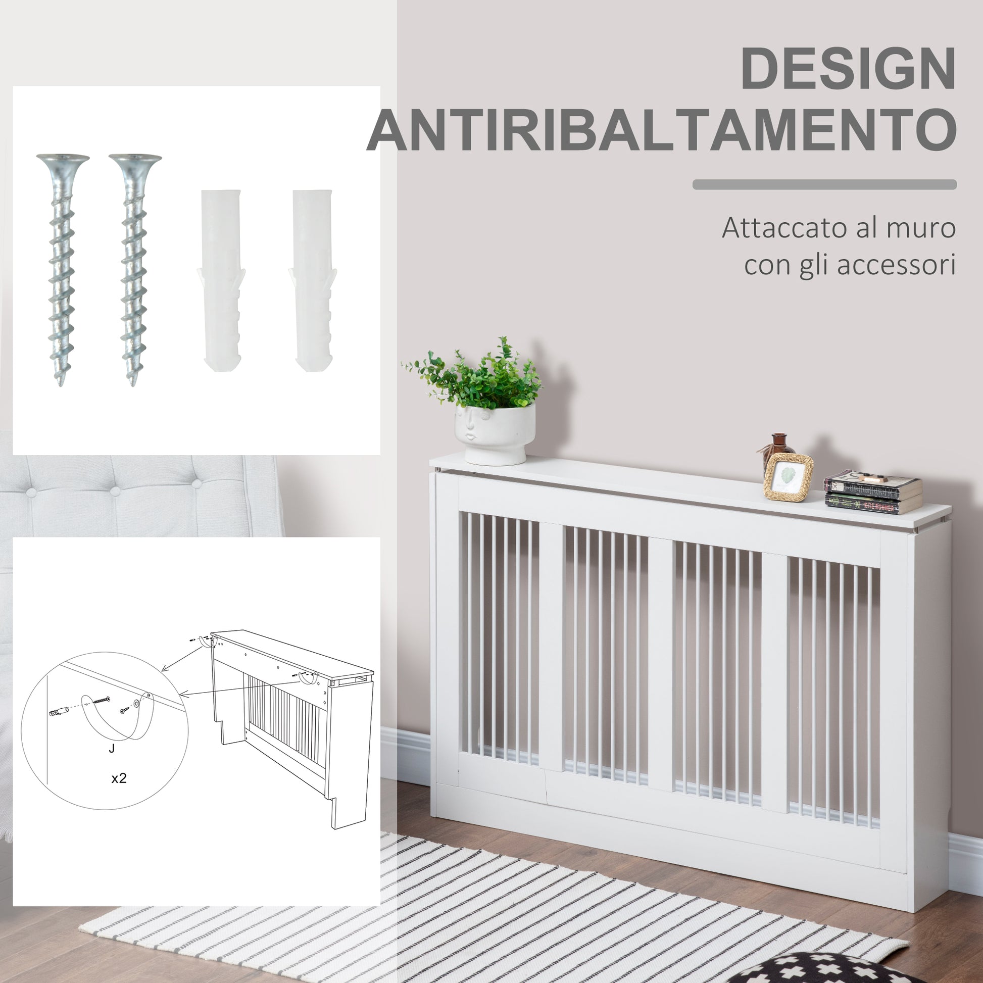 Modern and Elegant Slat Radiator Cover for Home, in MDF and Steel, 120x18x84cm, White