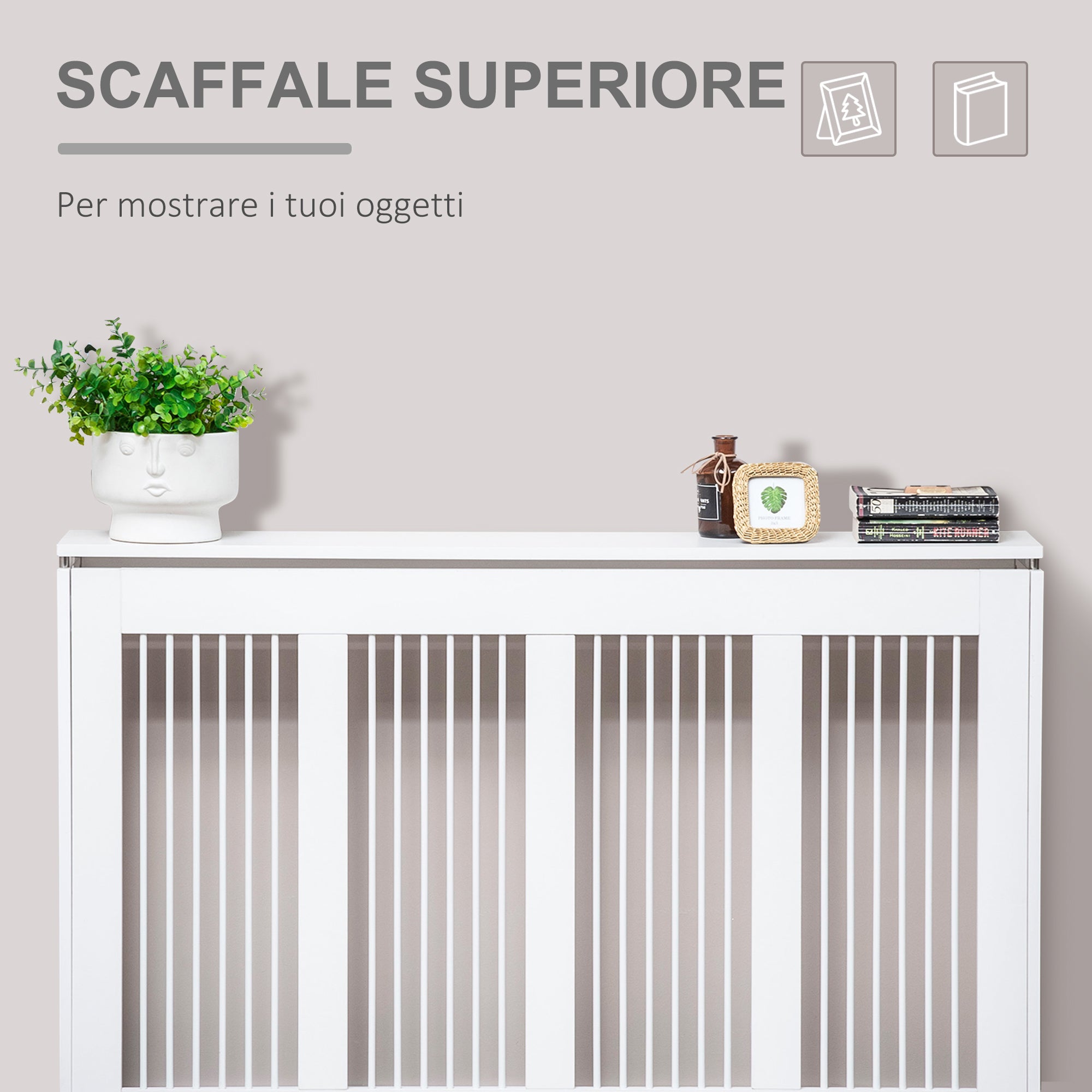 Modern and Elegant Slat Radiator Cover for Home, in MDF and Steel, 120x18x84cm, White