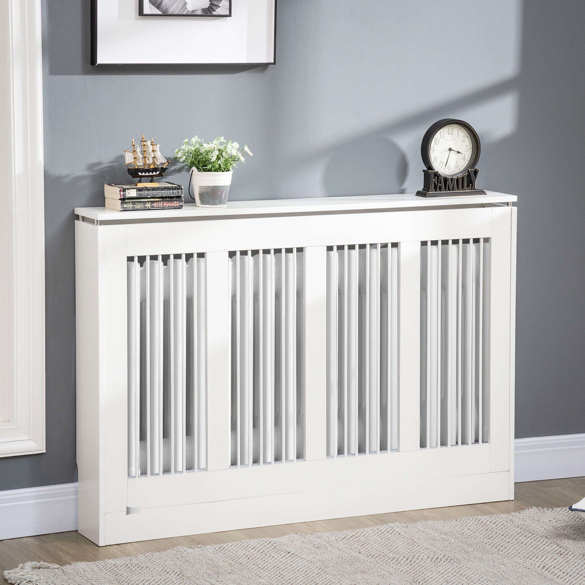 Modern and Elegant Slat Radiator Cover for Home, in MDF and Steel, 120x18x84cm, White