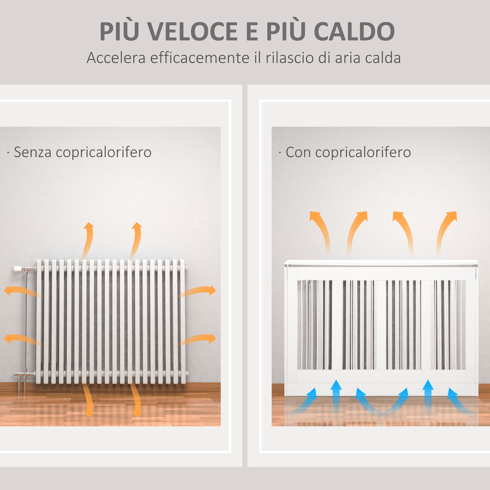 Modern and Elegant Slat Radiator Cover for Home, in MDF and Steel, 120x18x84cm, White
