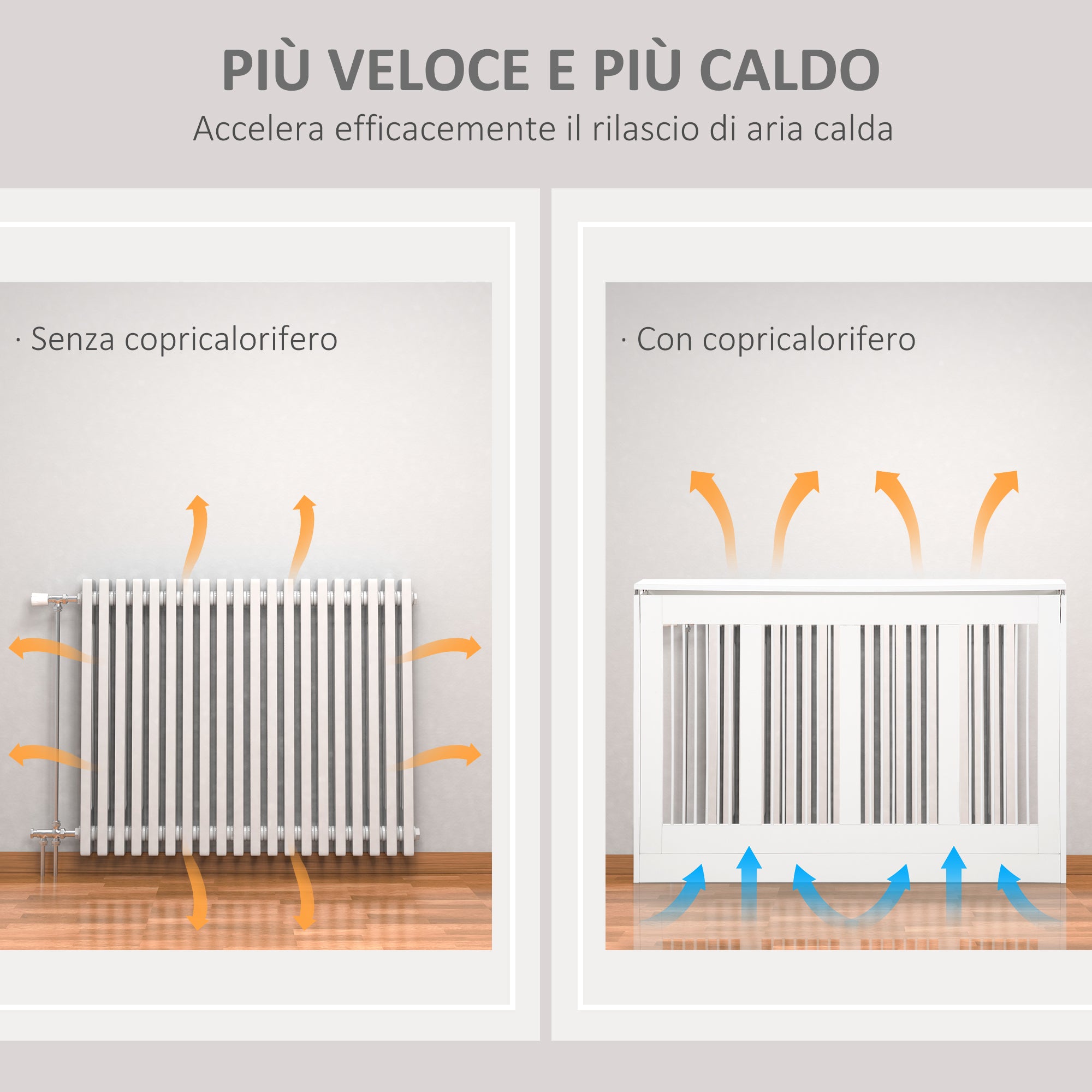 Modern and Elegant Slat Radiator Cover for Home, in MDF and Steel, 120x18x84cm, White