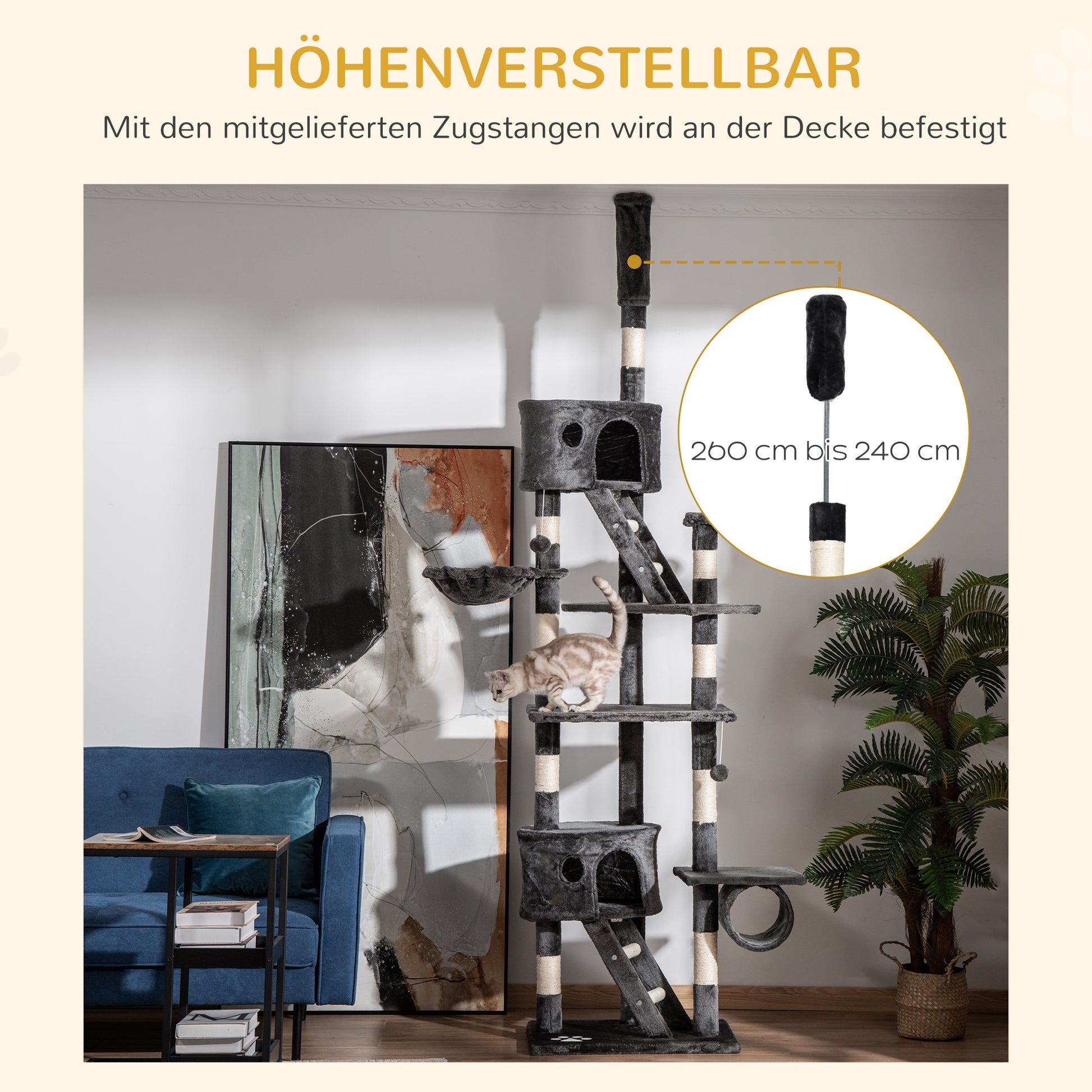 Cat Scratching Post 240-260 cm Ceiling High Scratching Post Large Climbing Tree Cat Scratching Post for Large Cats with Sisal Rope Dark Gray