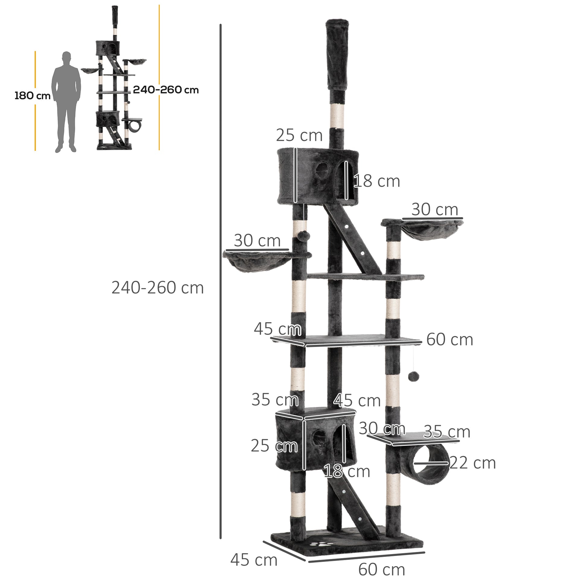 Cat Scratching Post 240-260 cm Ceiling High Scratching Post Large Climbing Tree Cat Scratching Post for Large Cats with Sisal Rope Dark Gray