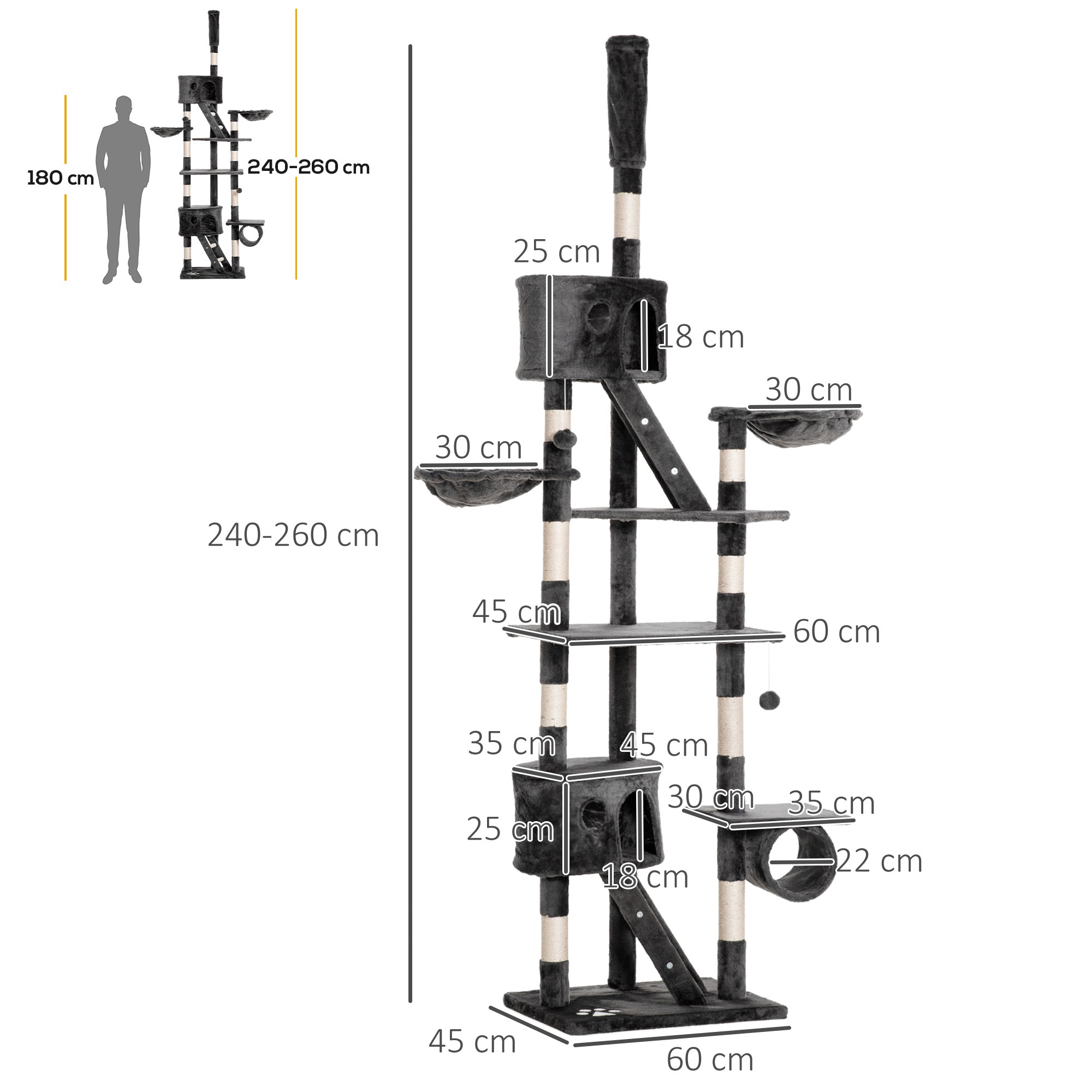 Cat Scratching Post 240-260 cm Ceiling High Scratching Post Large Climbing Tree Cat Scratching Post for Large Cats with Sisal Rope Dark Gray
