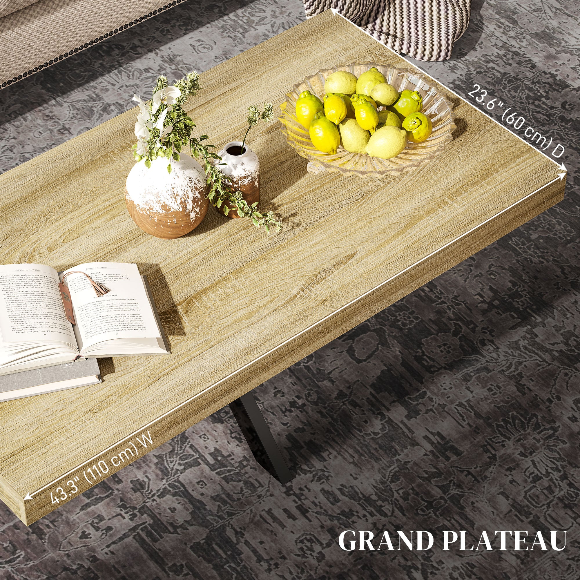 Rectangular Industrial Style Coffee Table Side Table in Black Metal and Natural Wood Look - 110 x 60 x 45cm