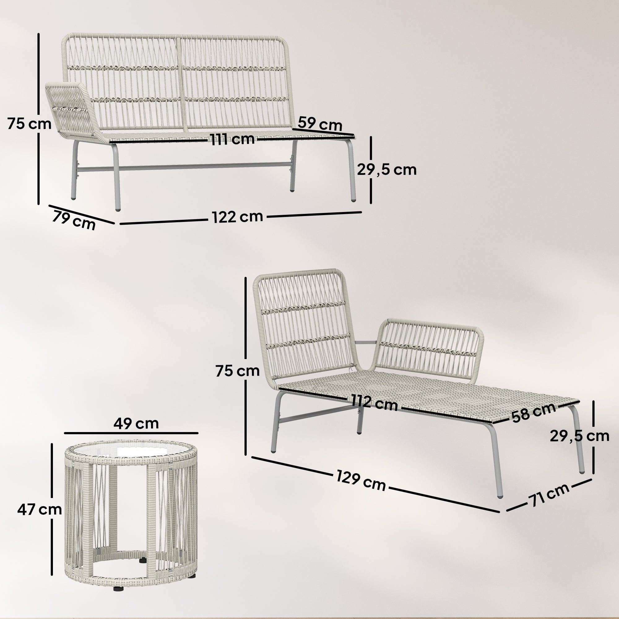 3-Piece PE Rattan Outdoor Lounge Set — 2-Seater Sofa with Chaise & Glass Coffee Table, Removable Cushions, Seats 3 (Light Gray)