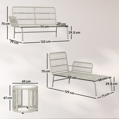 3-Piece PE Rattan Outdoor Lounge Set — 2-Seater Sofa with Chaise & Glass Coffee Table, Removable Cushions, Seats 3 (Light Gray)