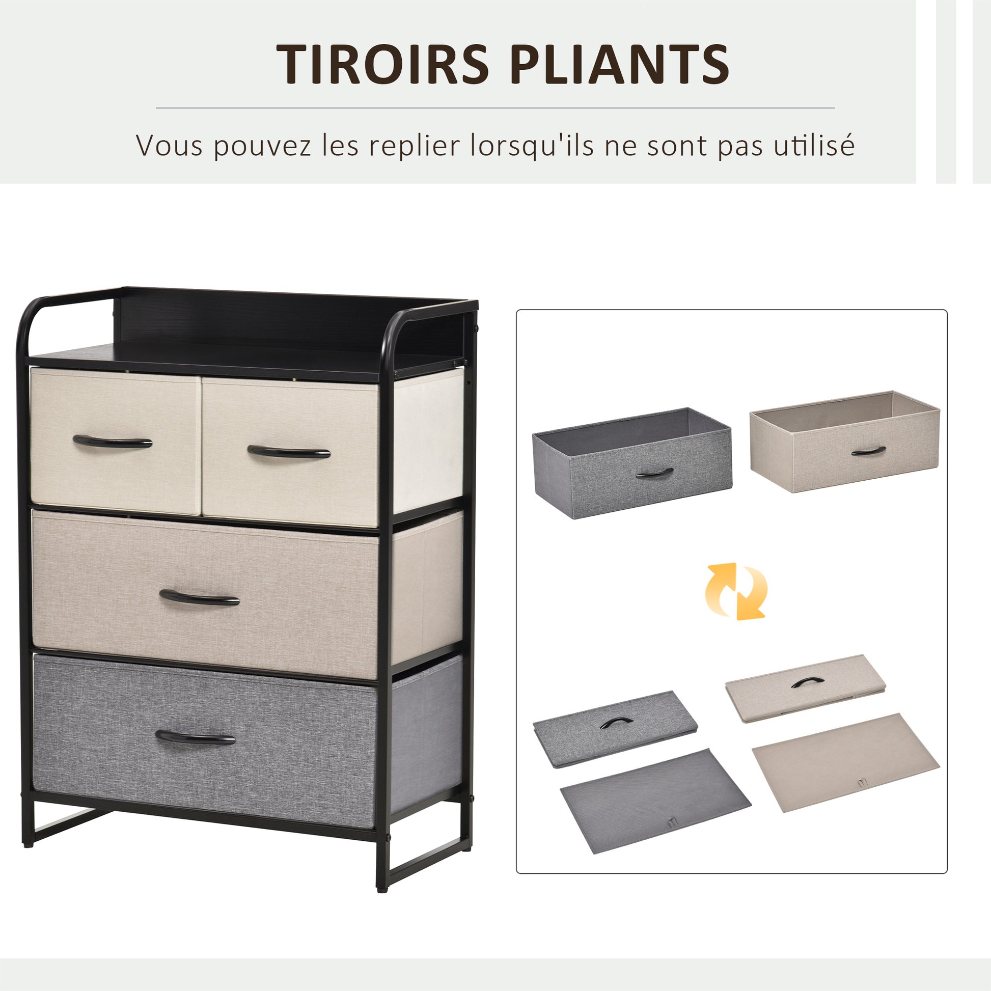 4-Drawer Linen Storage Dresser 58 x 29 x 78.5 cm Black Gray Ecru Beige