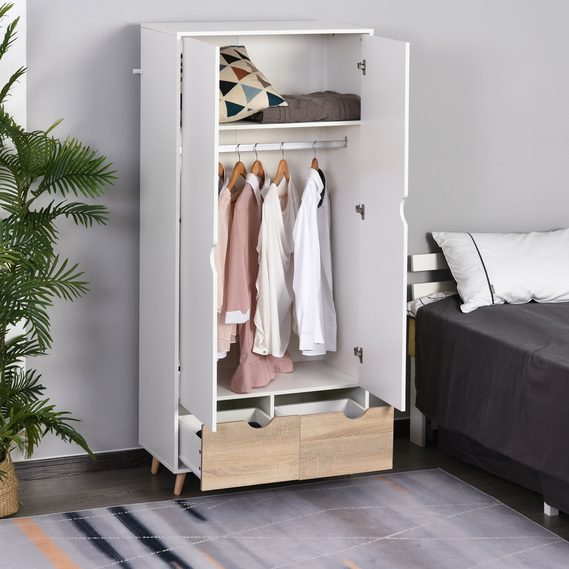 Two-Door Wardrobe with 1 Shelf, 1 Hanging Rail, 2 Drawers with Carved Handles, White 80x40x180cm