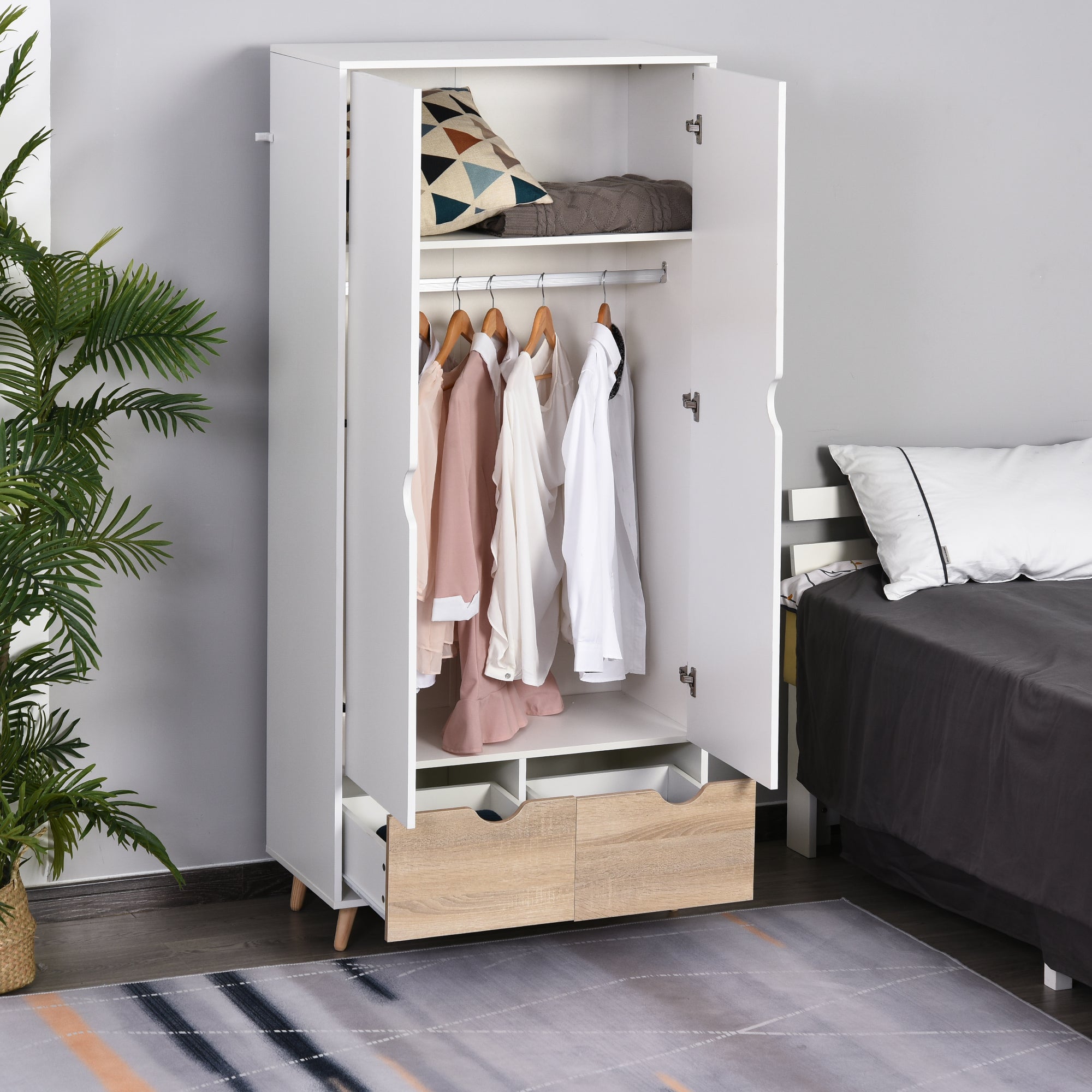 Two-Door Wardrobe with 1 Shelf, 1 Hanging Rail, 2 Drawers with Carved Handles, White 80x40x180cm