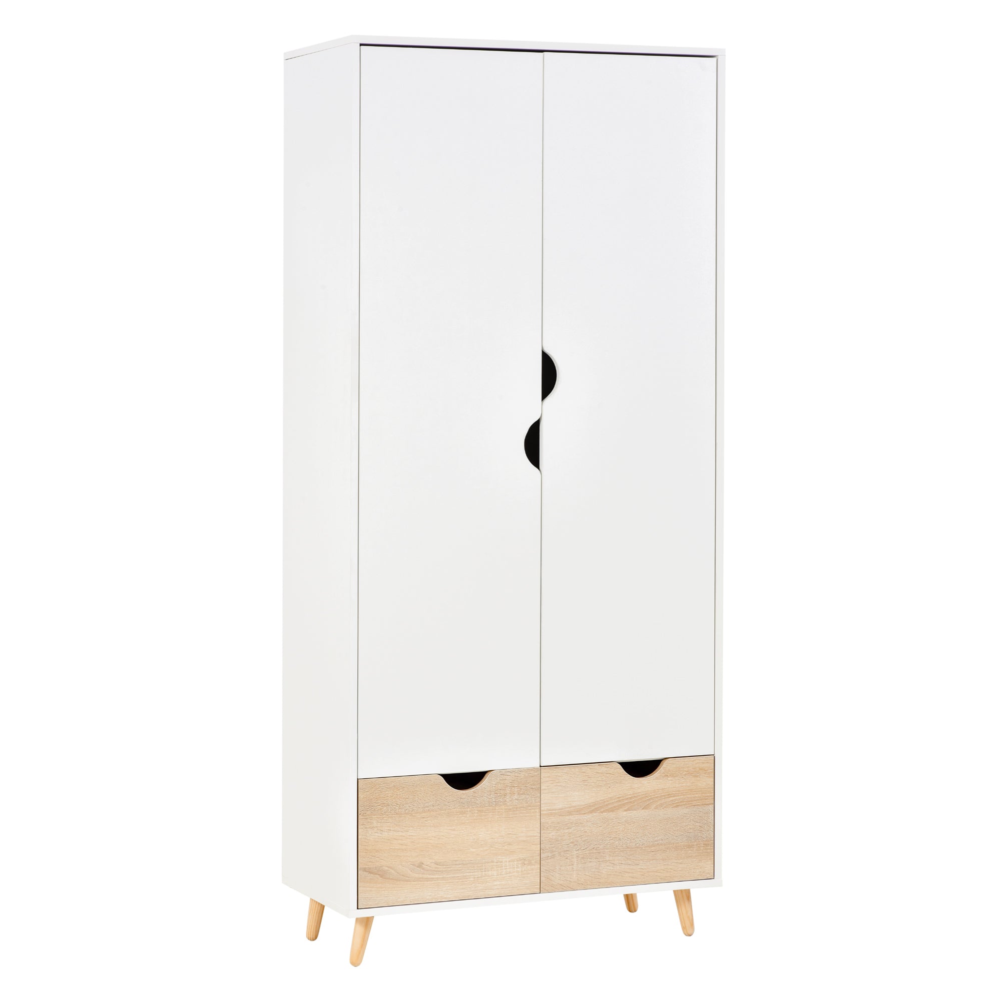Two-Door Wardrobe with 1 Shelf, 1 Hanging Rail, 2 Drawers with Carved Handles, White 80x40x180cm