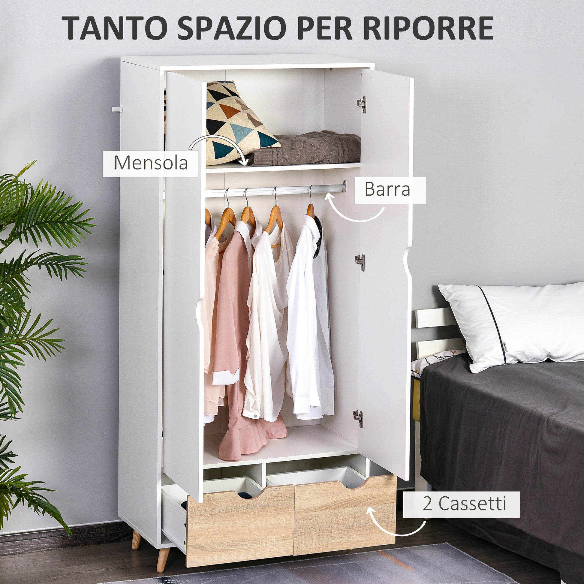 Two-Door Wardrobe with 1 Shelf, 1 Hanging Rail, 2 Drawers with Carved Handles, White 80x40x180cm