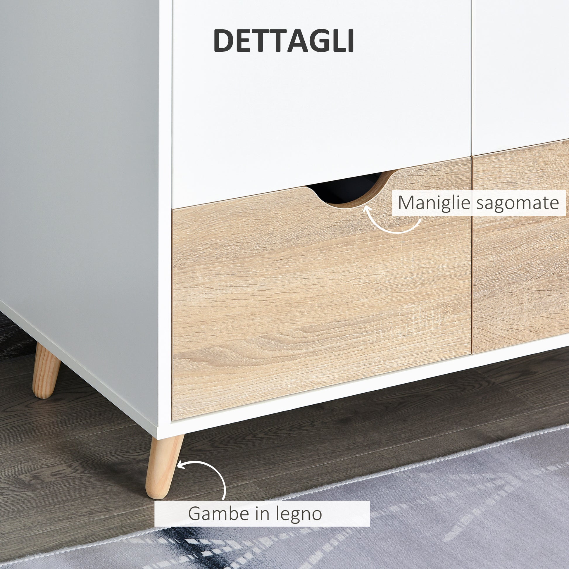 Two-Door Wardrobe with 1 Shelf, 1 Hanging Rail, 2 Drawers with Carved Handles, White 80x40x180cm