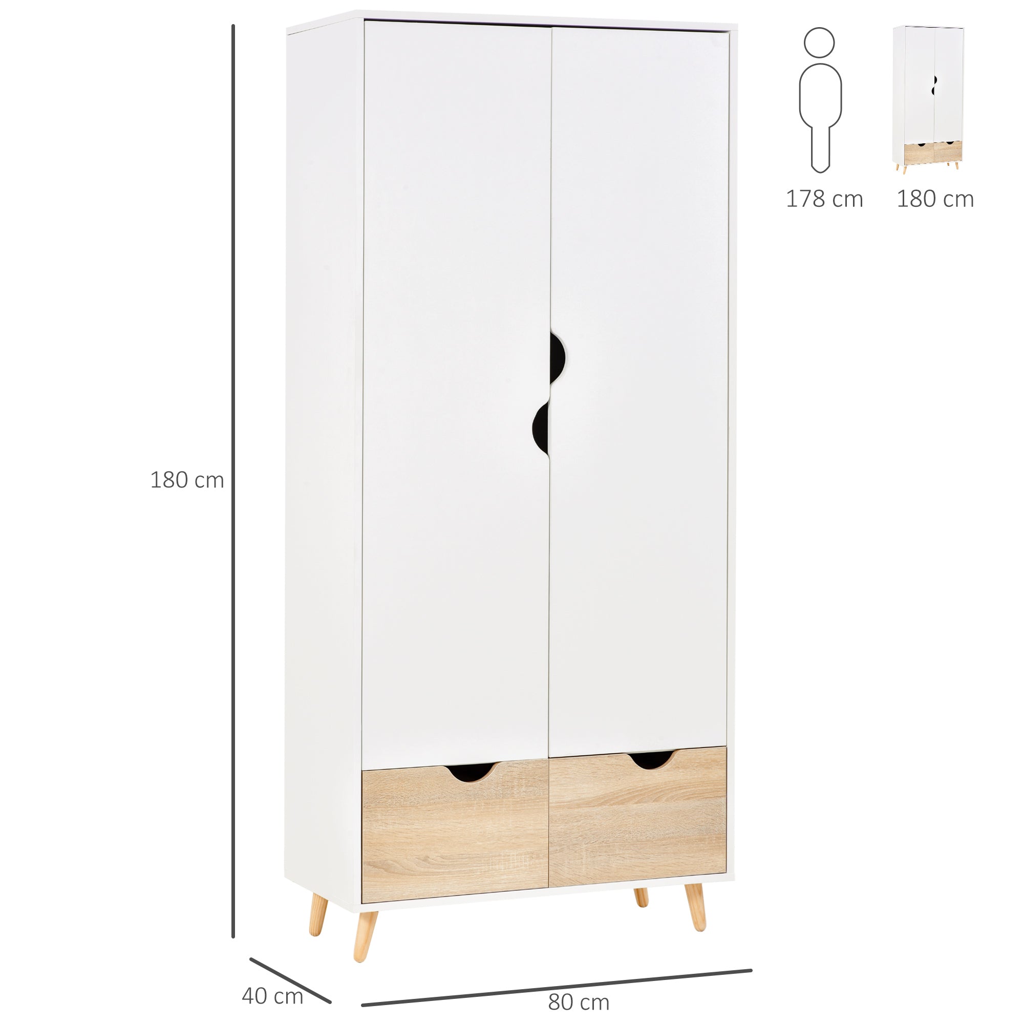 Two-Door Wardrobe with 1 Shelf, 1 Hanging Rail, 2 Drawers with Carved Handles, White 80x40x180cm