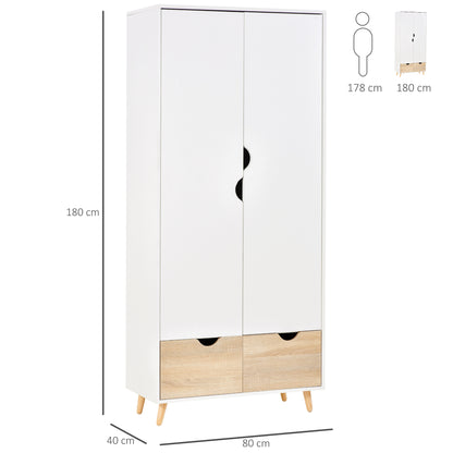 Two-Door Wardrobe with 1 Shelf, 1 Hanging Rail, 2 Drawers with Carved Handles, White 80x40x180cm