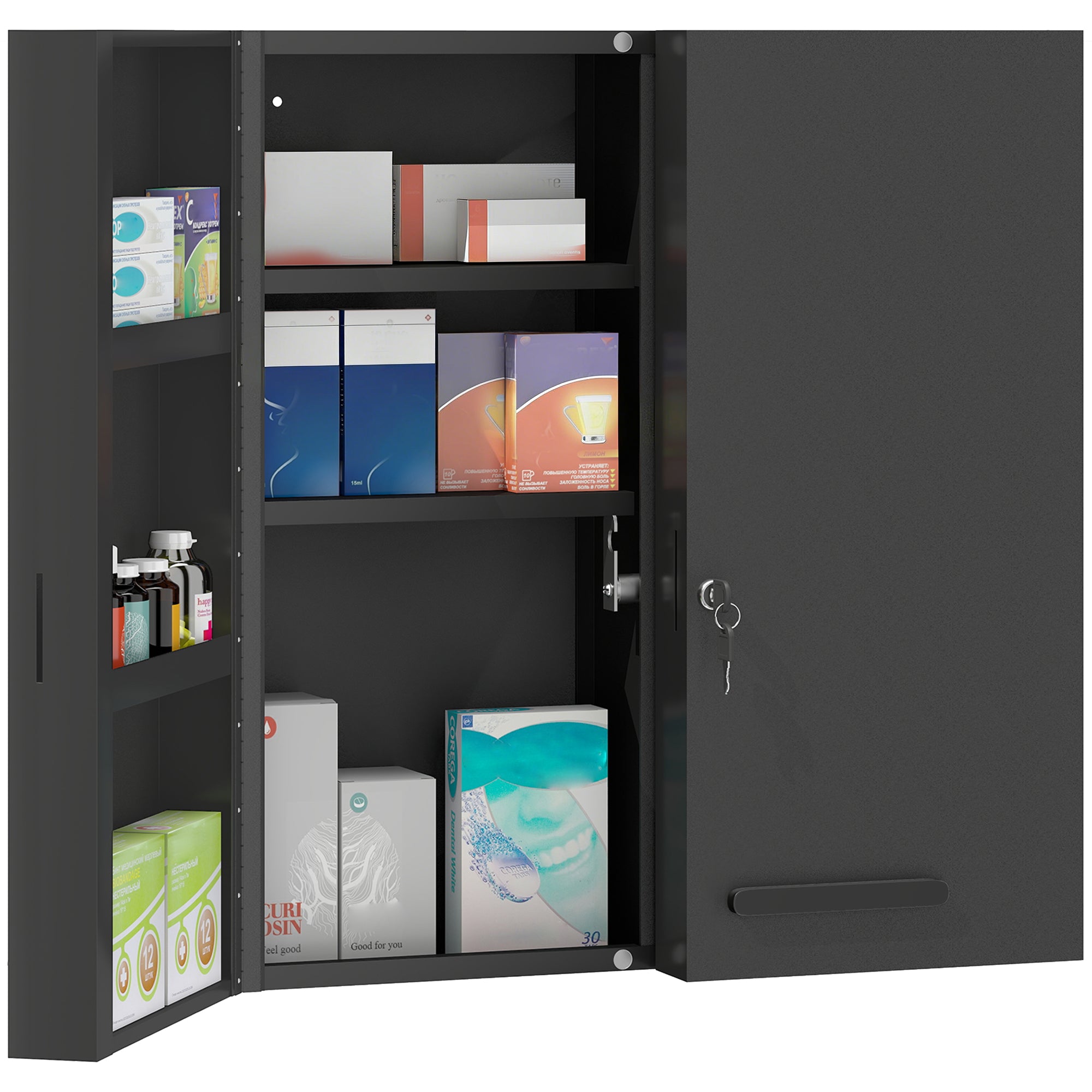Lockable Medicine Cabinet, 2-Door, 6-Shelf Steel First Aid Cabinet, 21.7 x 7.1 x 23.6 in, Anthracite Black