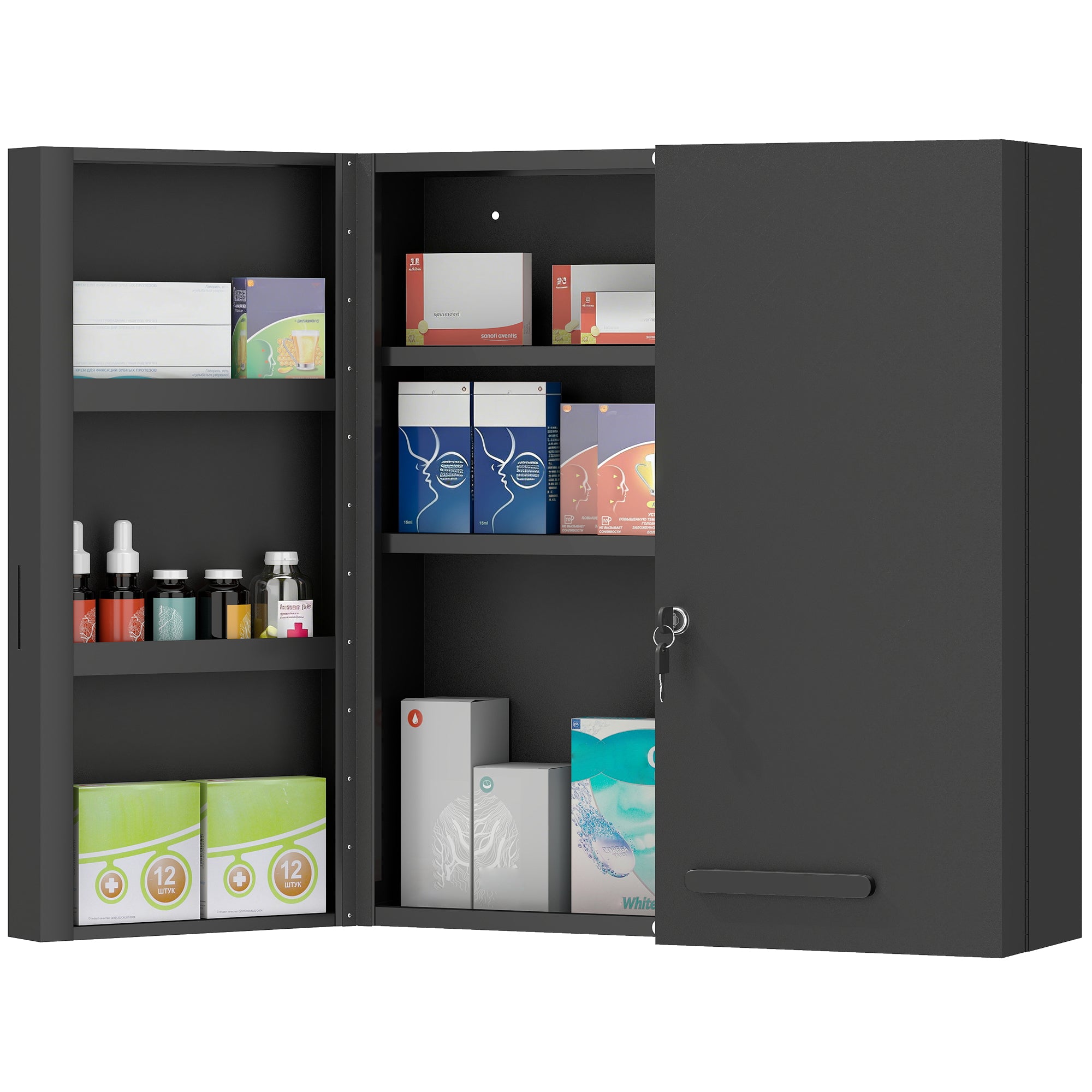 Lockable Medicine Cabinet, 2-Door, 6-Shelf Steel First Aid Cabinet, 21.7 x 7.1 x 23.6 in, Anthracite Black