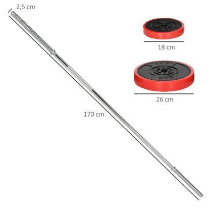 SPORTNOW 30 kg Weight Bar with Dumbbells Muscle Training Set with 6 Discs 1.5kg 2.5kg 7kg and 1 Bar for Strength Training Weight Lifting at Home Gym Office 170x26x26 cm Red