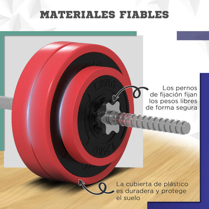 SPORTNOW 30 kg Weight Bar with Dumbbells Muscle Training Set with 6 Discs 1.5kg 2.5kg 7kg and 1 Bar for Strength Training Weight Lifting at Home Gym Office 170x26x26 cm Red