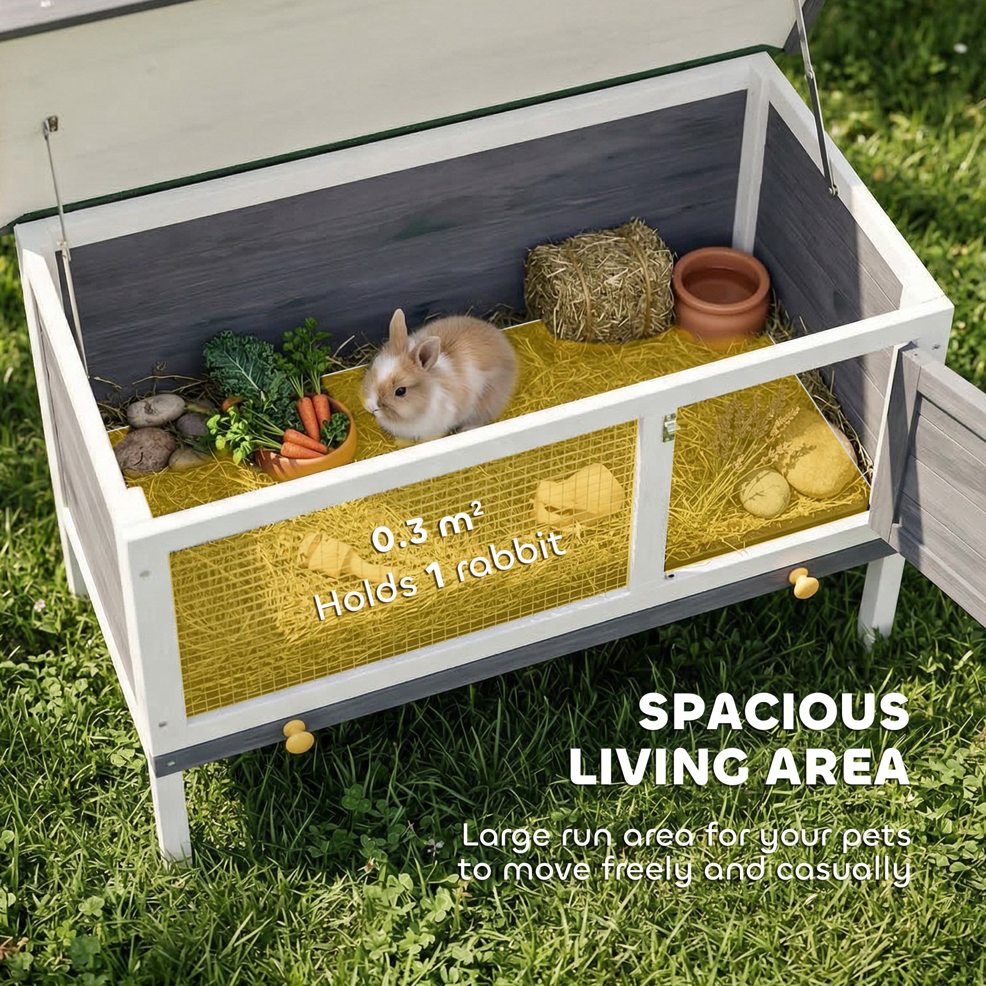 Wooden Rabbit Hutch 35.4 x 17.7 x 25.6 in, Elevated Outdoor Small Animal Cage with Hinged Bitumen Roof, Pull-Out Tray, Door & Metal Wire — Gray