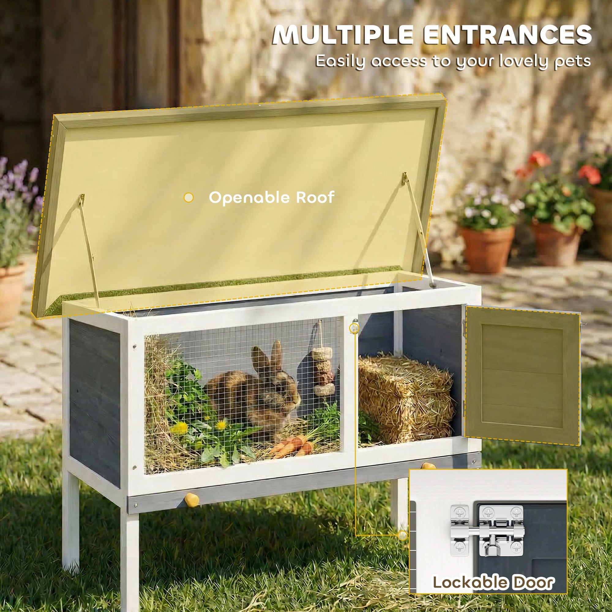 Wooden Rabbit Hutch 35.4 x 17.7 x 25.6 in, Elevated Outdoor Small Animal Cage with Hinged Bitumen Roof, Pull-Out Tray, Door & Metal Wire — Gray